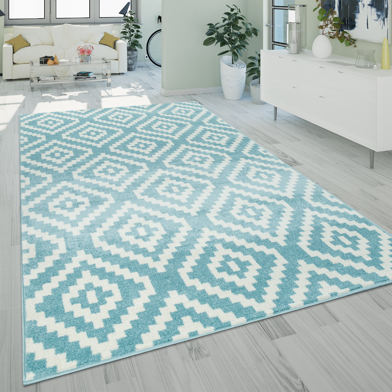 Teppich Wohnzimmer Ethno-Look 3-D Design Rauten Blau 
