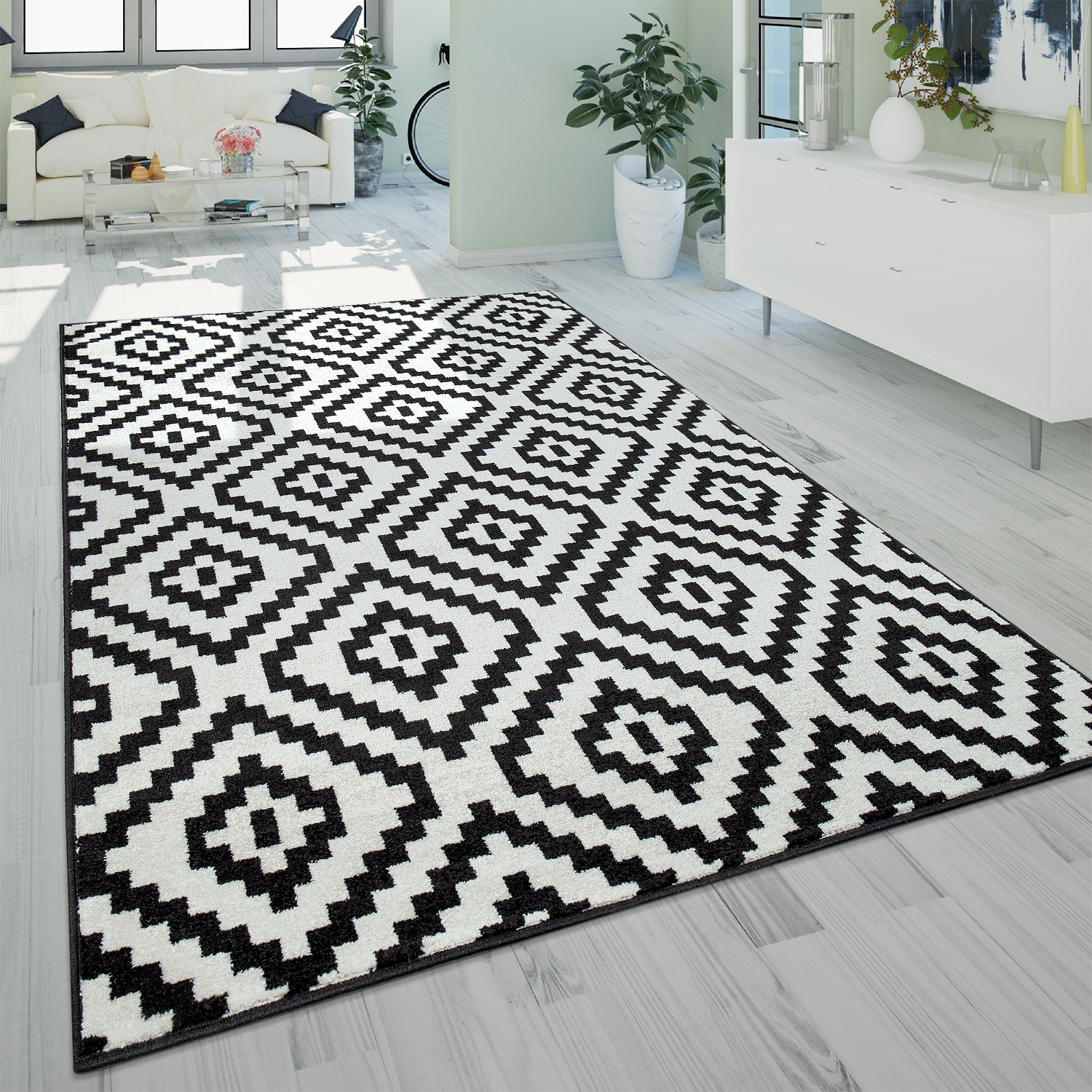 Teppich Wohnzimmer Ethno-Look 3-D Design Rauten Schwarz-Weiß 