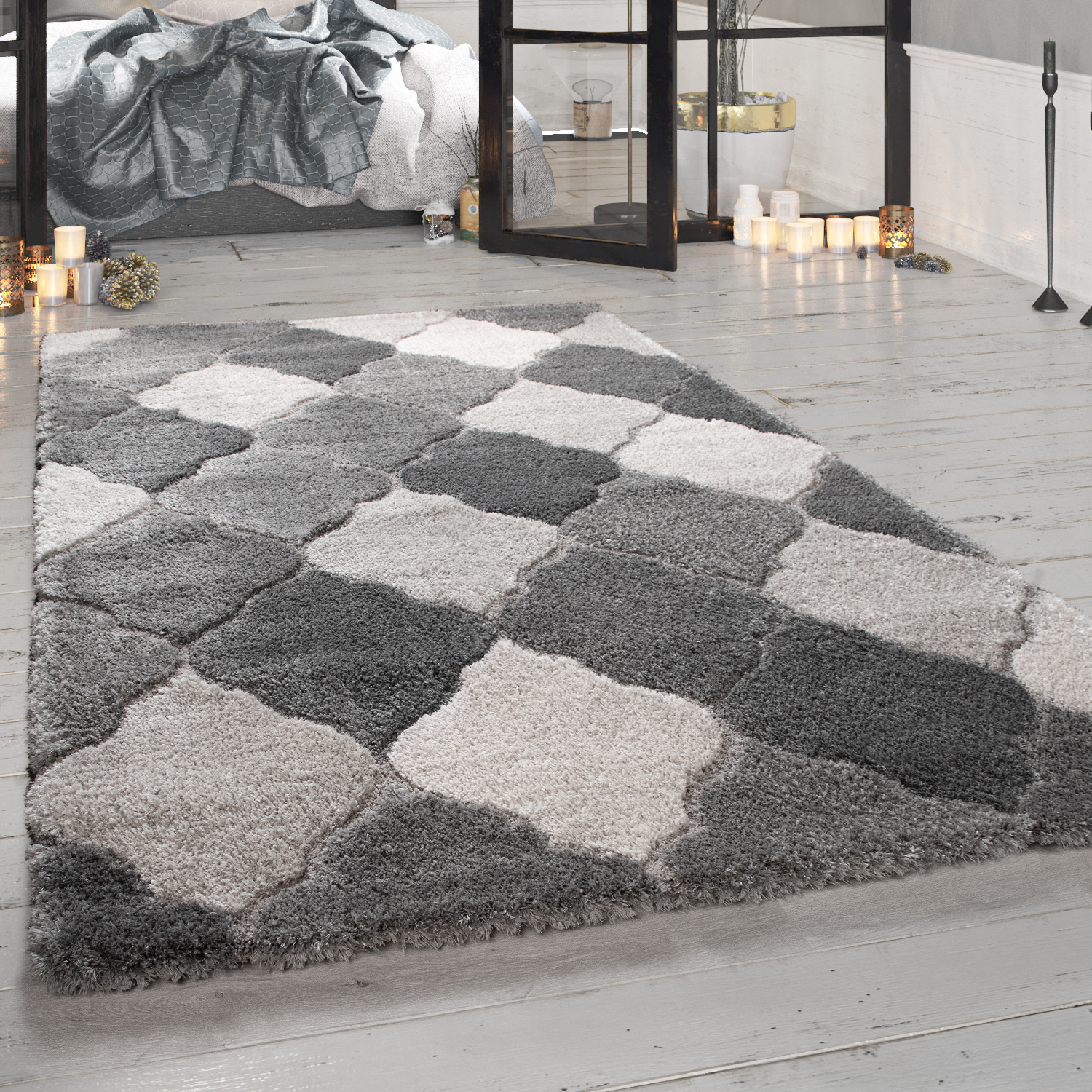 Hochflor-Teppich Wohnzimmer Orient-Look Grau 