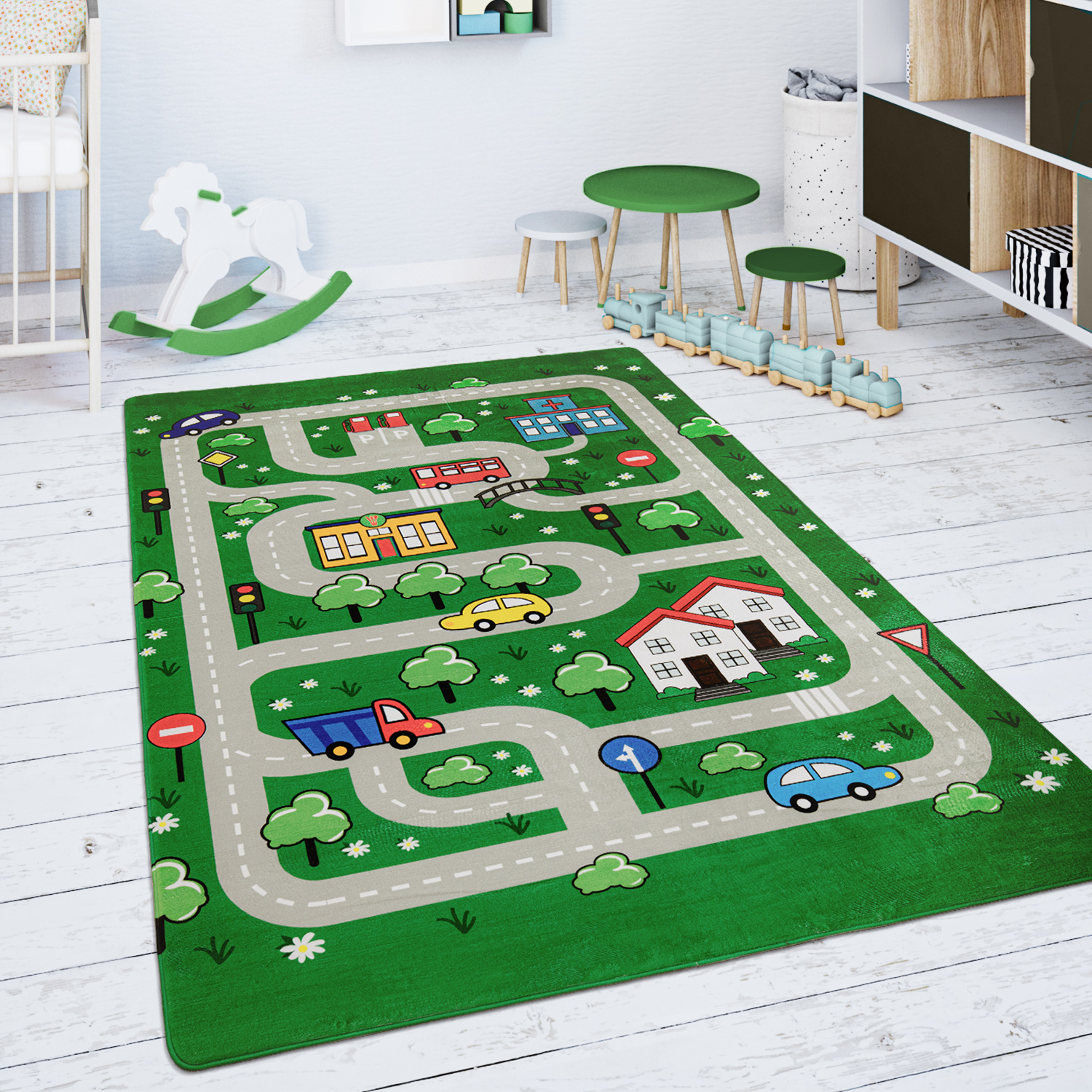 Kinderteppich Teppich Kinderzimmer Straßenteppich Grün Kind
