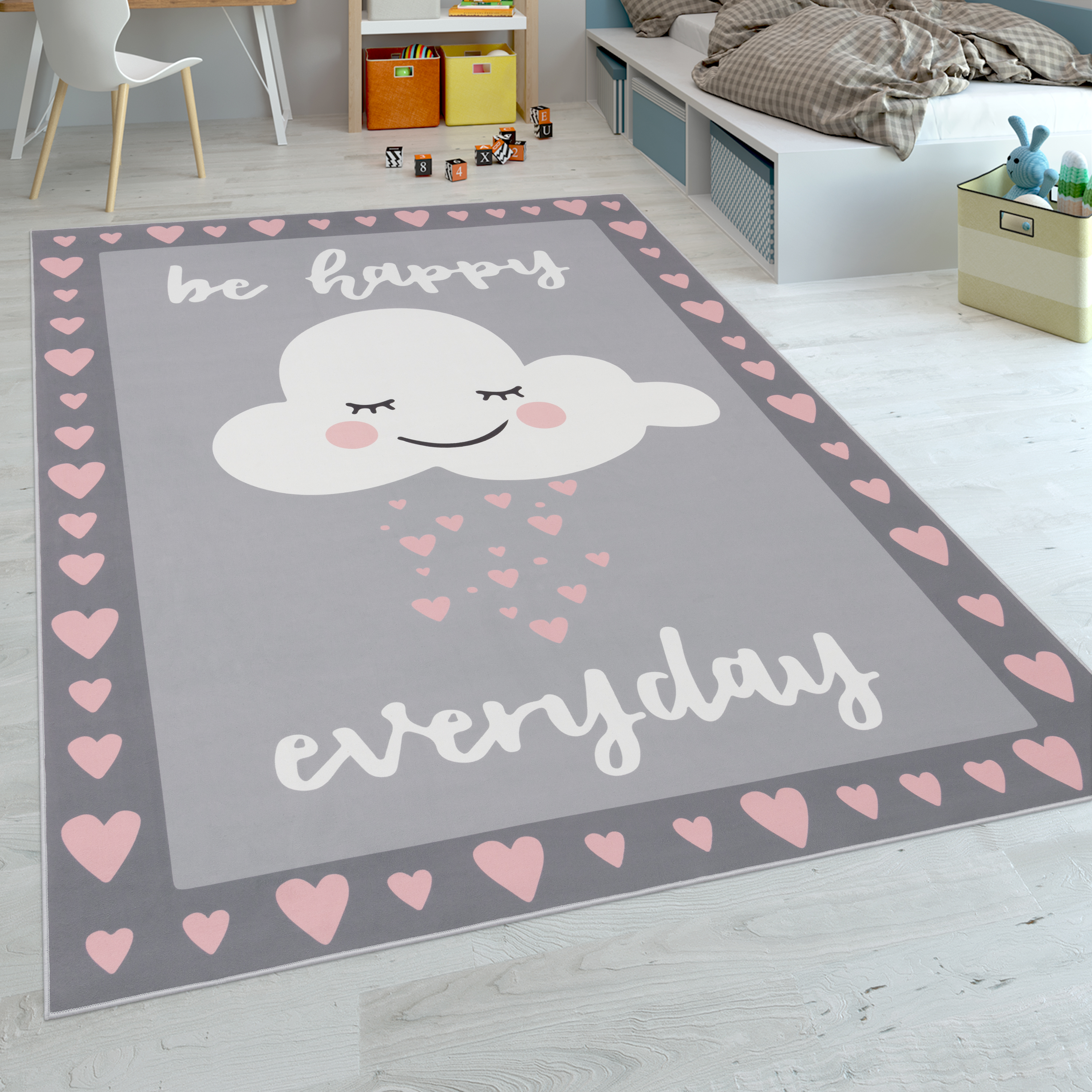 Kinderteppich Print Wolken-Design Spruch Pink 