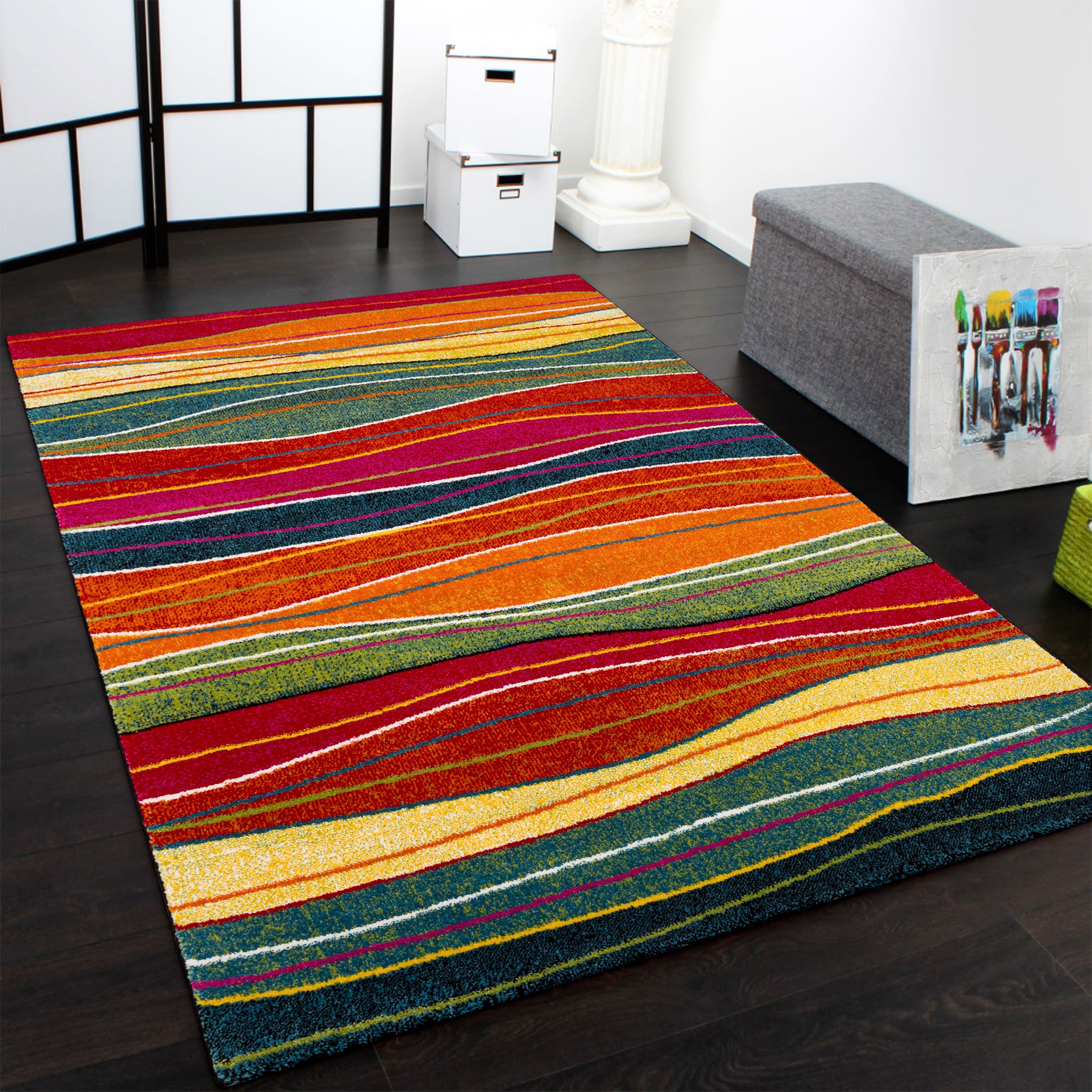 Wohnzimmer Teppich Modern Streifen Muster Mehrfarbig 