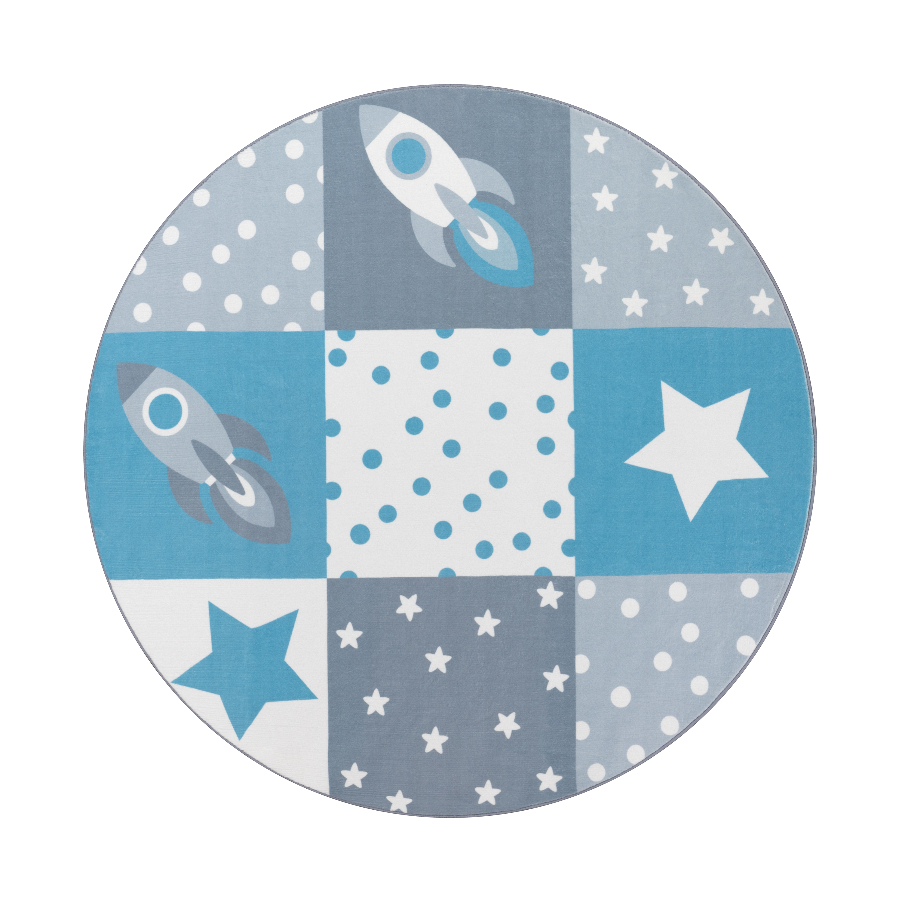 Kinderteppich mit Sternen und Rakete Blau Modern