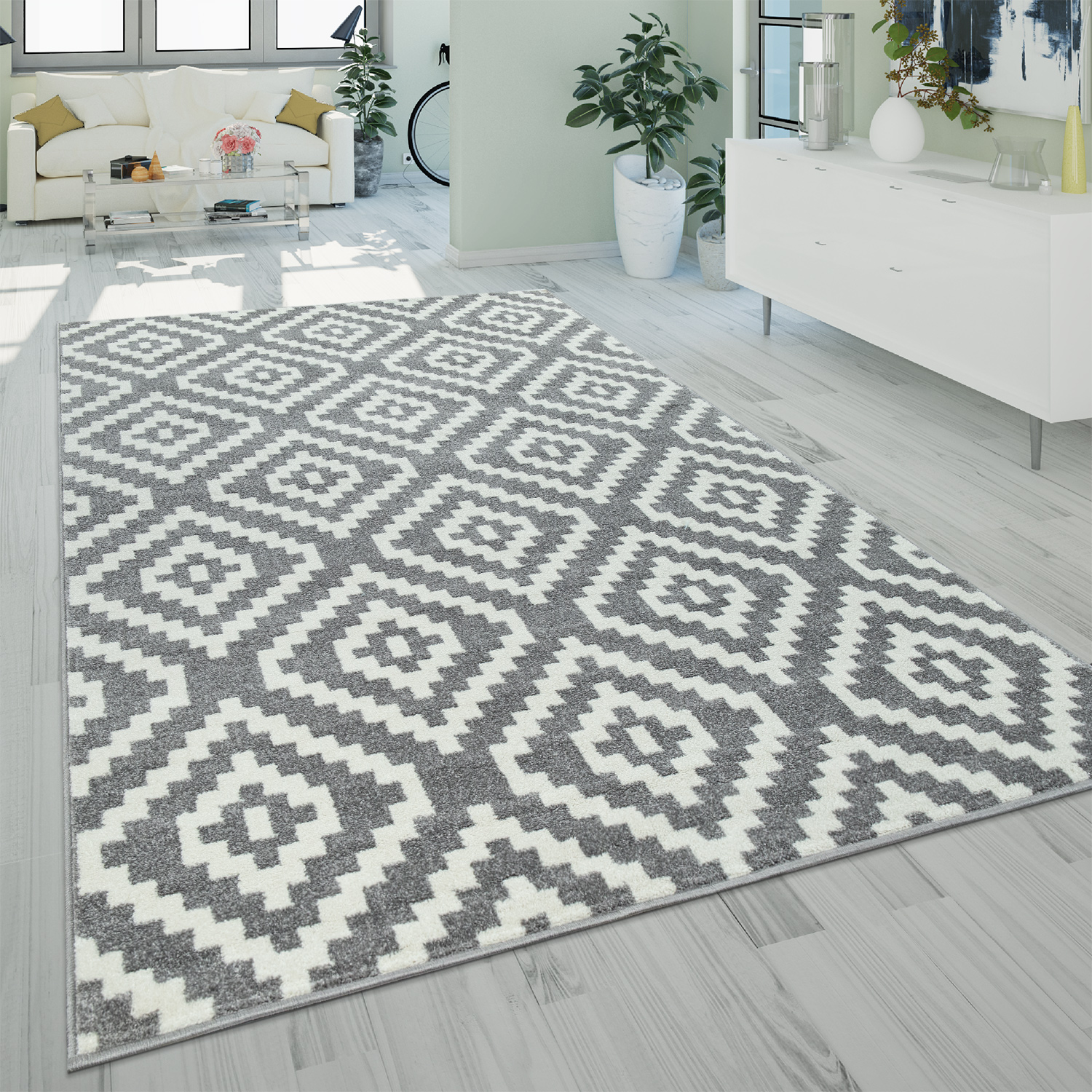 Teppich Wohnzimmer Ethno-Look 3-D Design Rauten Weiß 