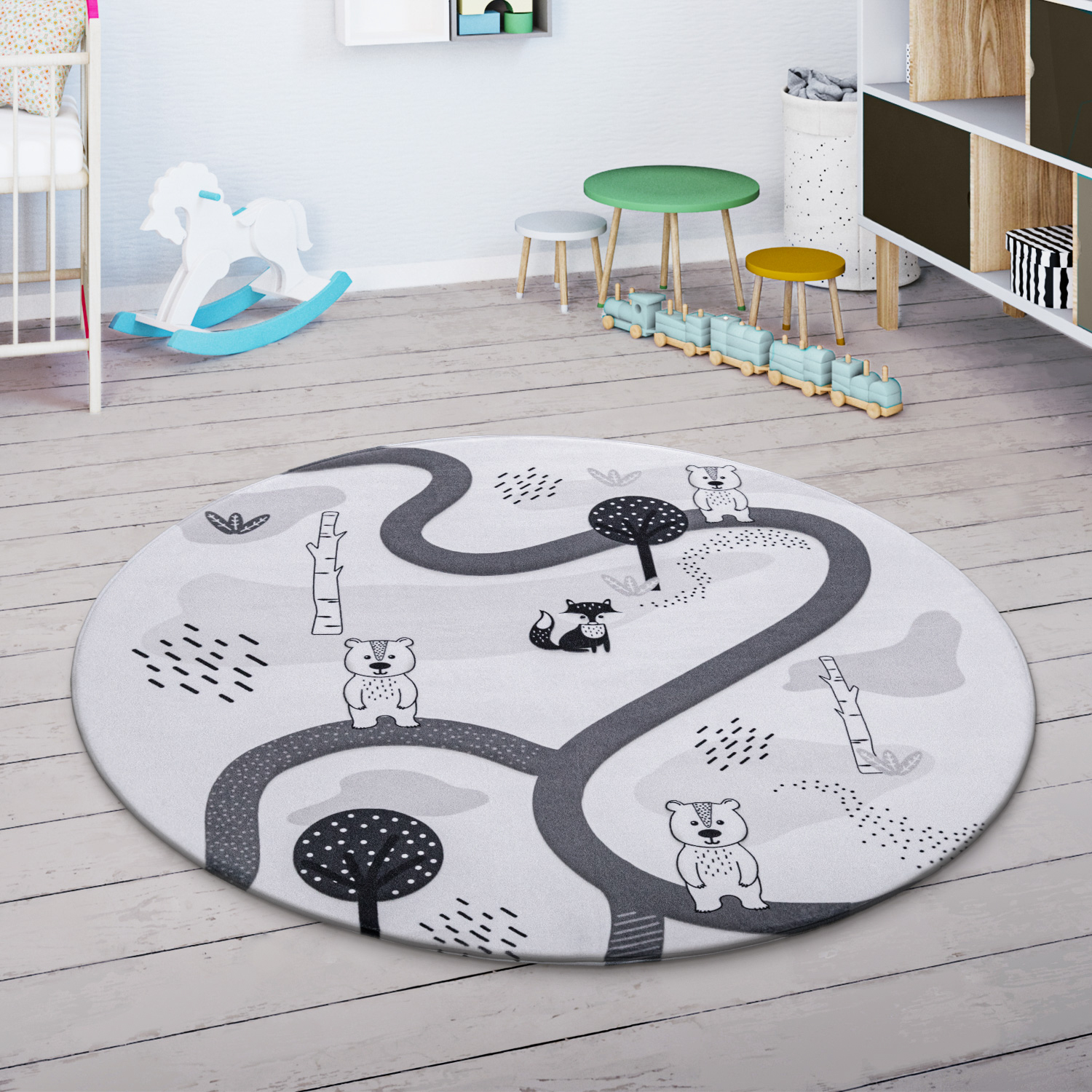 Spielteppich Kinderzimmer Tiere Wald Straße Weiß Mit Motiv