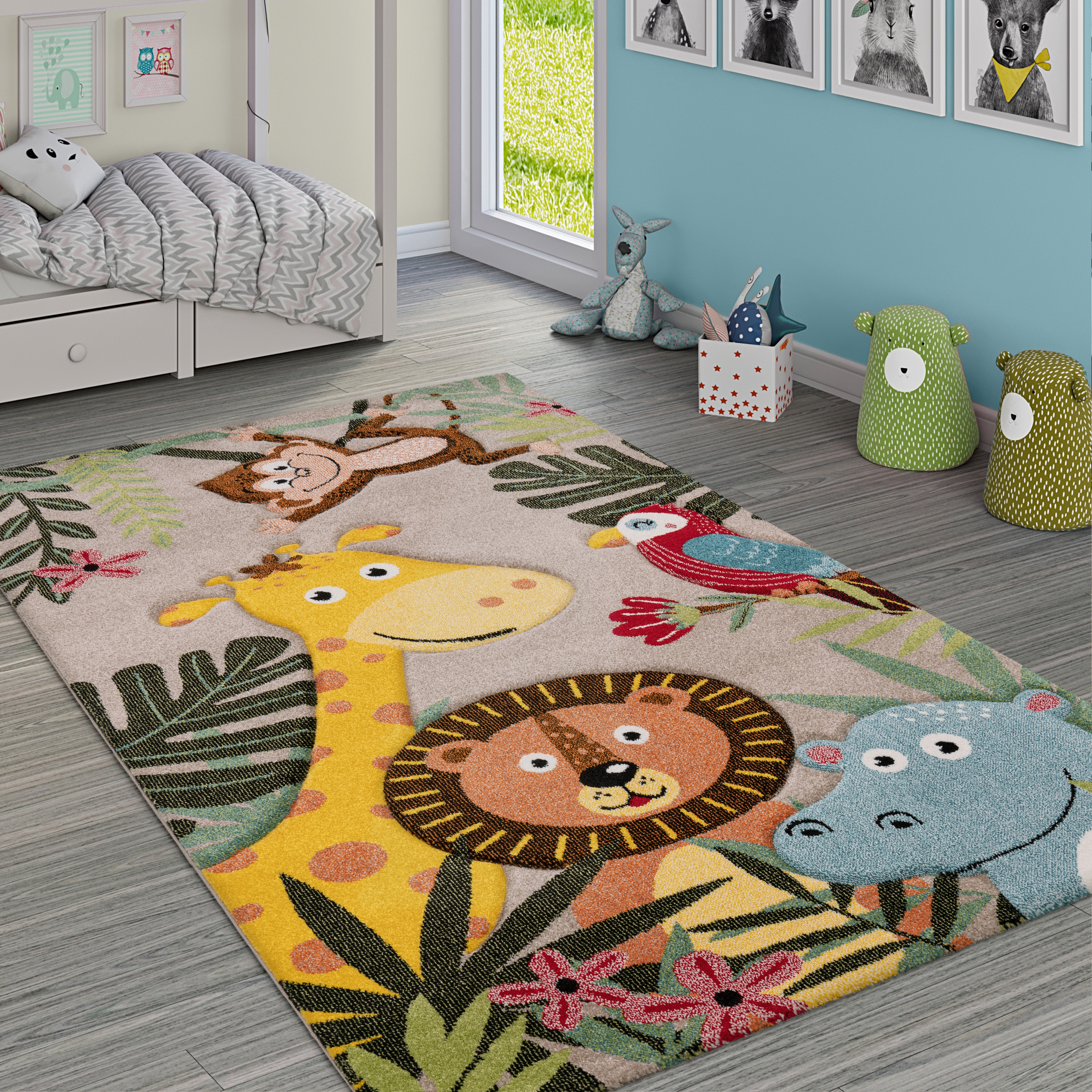 Teppich Kinderzimmer Modern Tier Motiv Dschungel Beige Kind