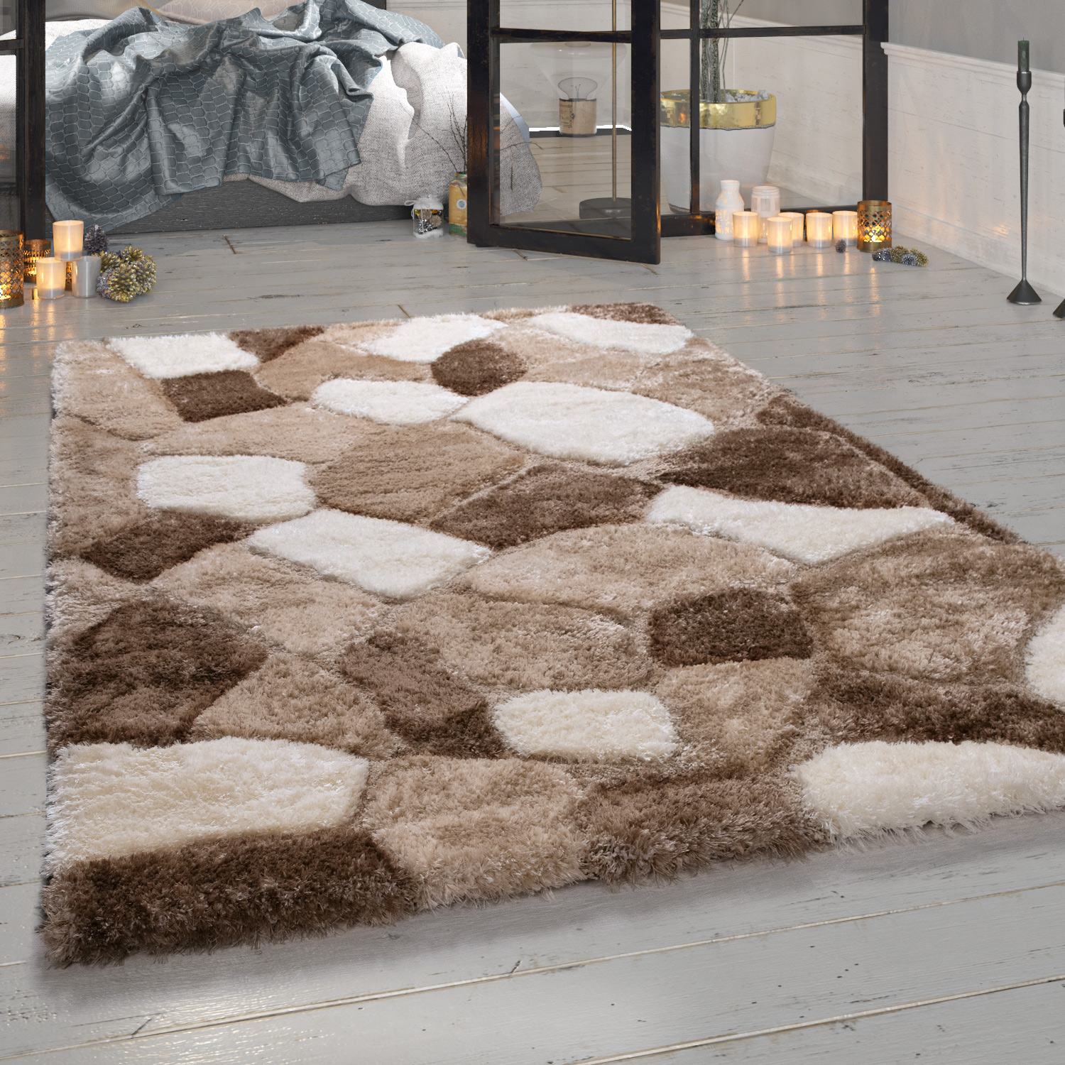 Teppich Wohnzimmer Karo Muster Used Design Viereck Beige 