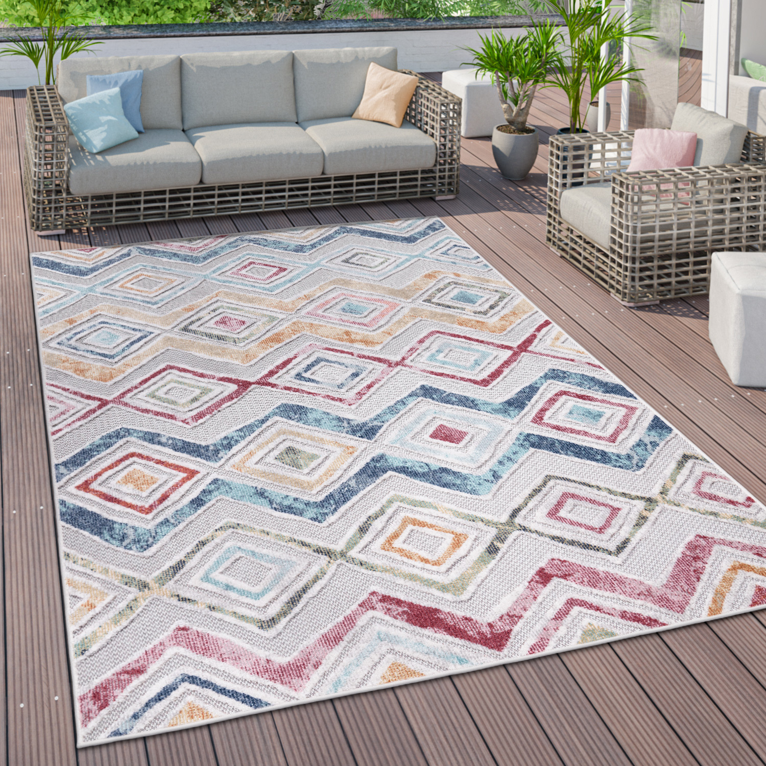 Outdoor Teppich Terrasse Ethno Motiv 3D Effekt Mehrfarbig Modern