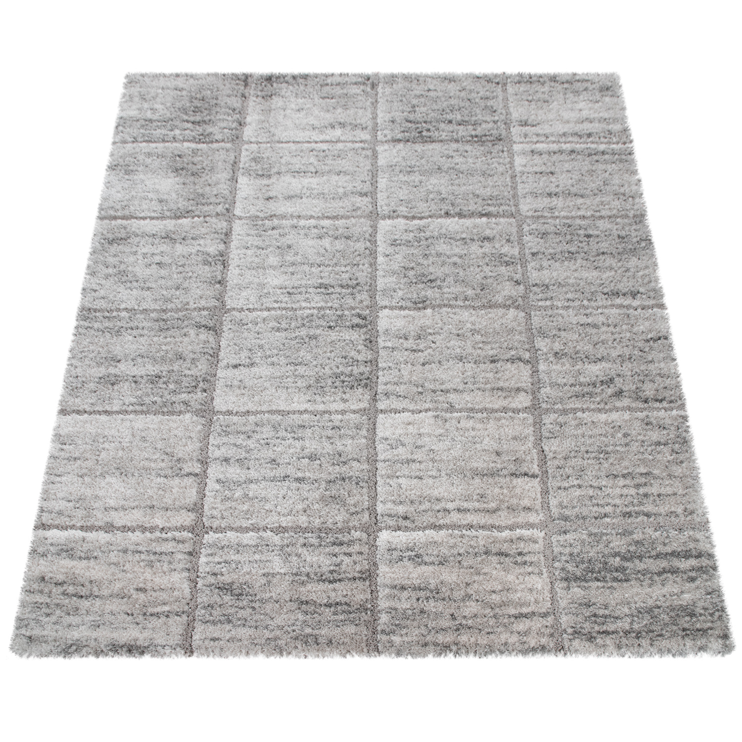 Hochflor-Teppich Wohnzimmer Karo-Muster Grau 