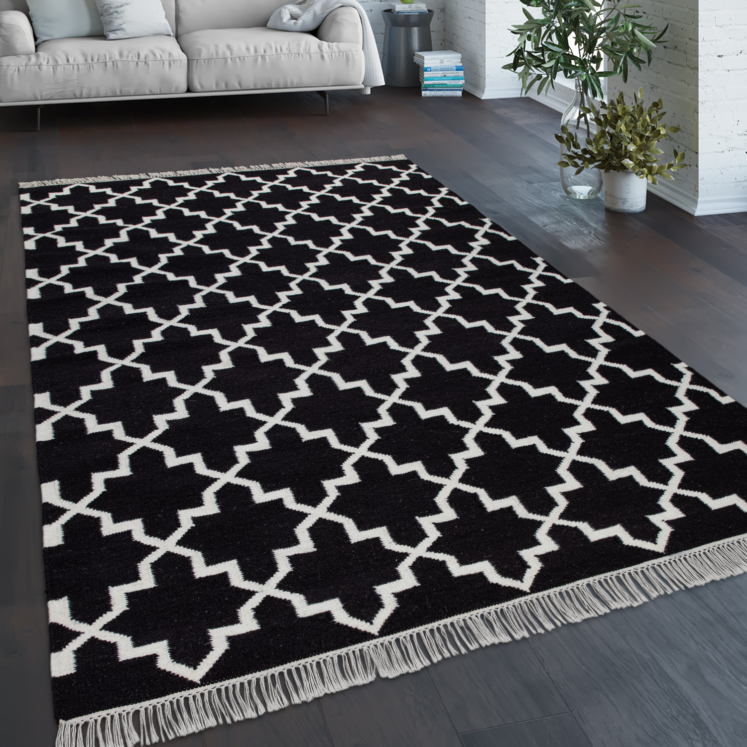 Teppich Wohnzimmer Geometr. Orient Muster Handgewebt Schwarz 