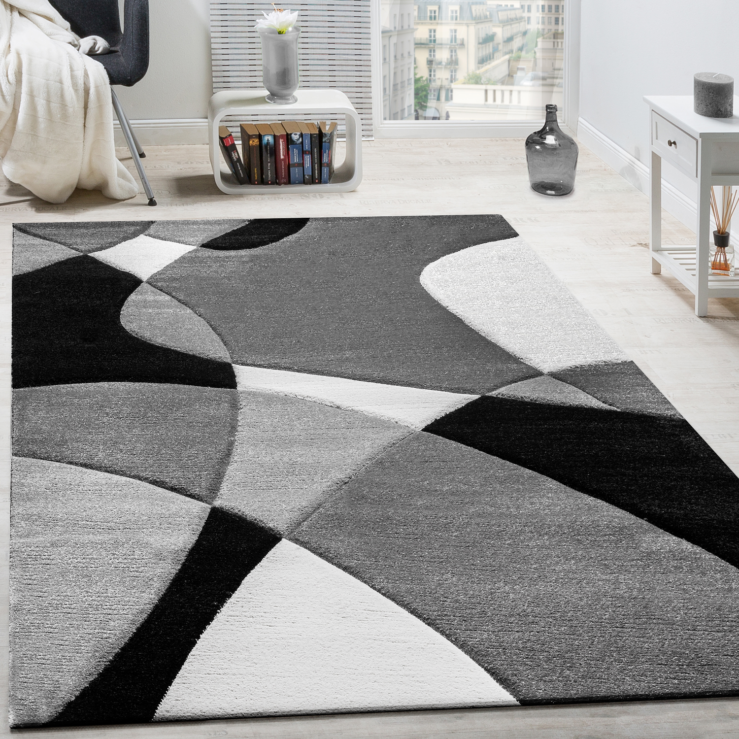 Wohnzimmer Teppich Modern Geometrische Muster Schwarz-Weiß 