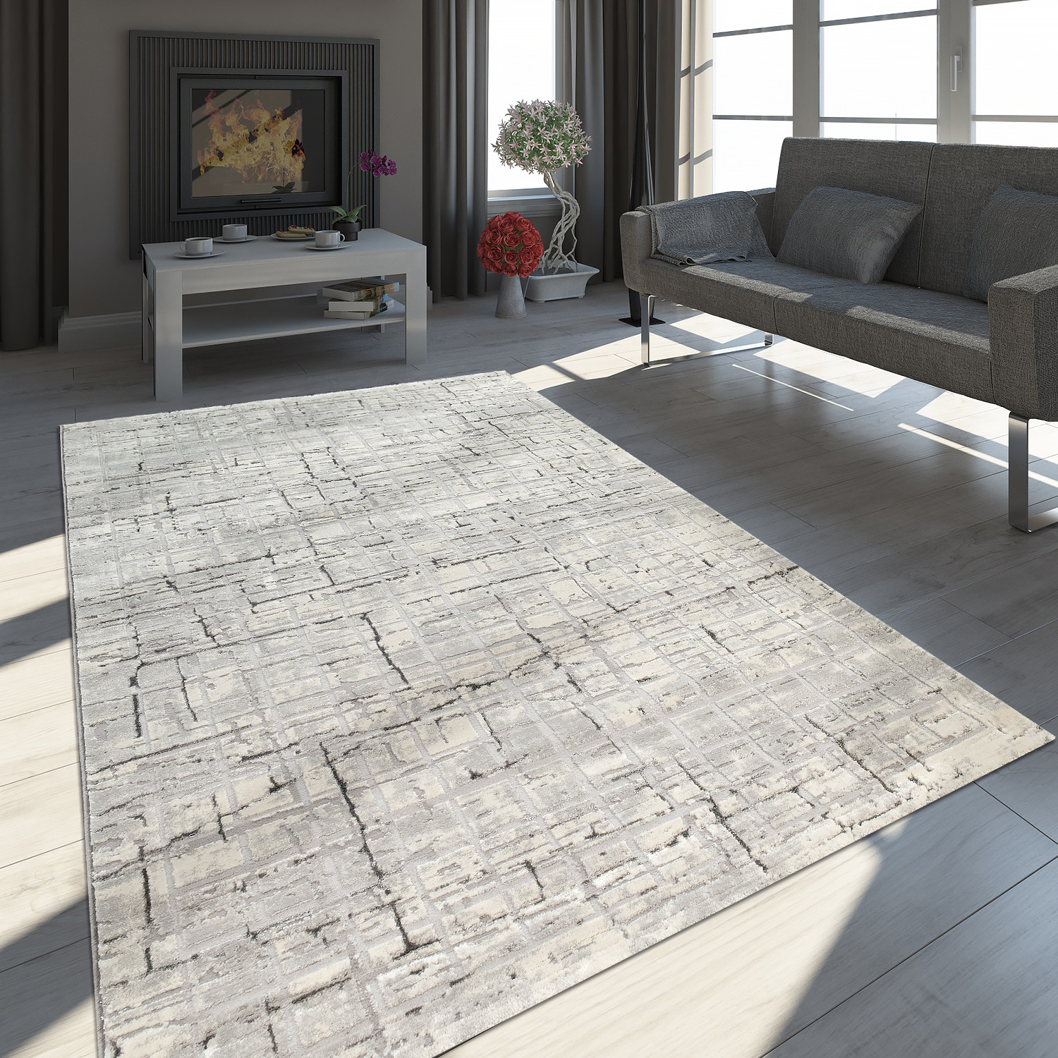 Teppich 3-D Orientalisch Schimmernd Karo Muster Grau 