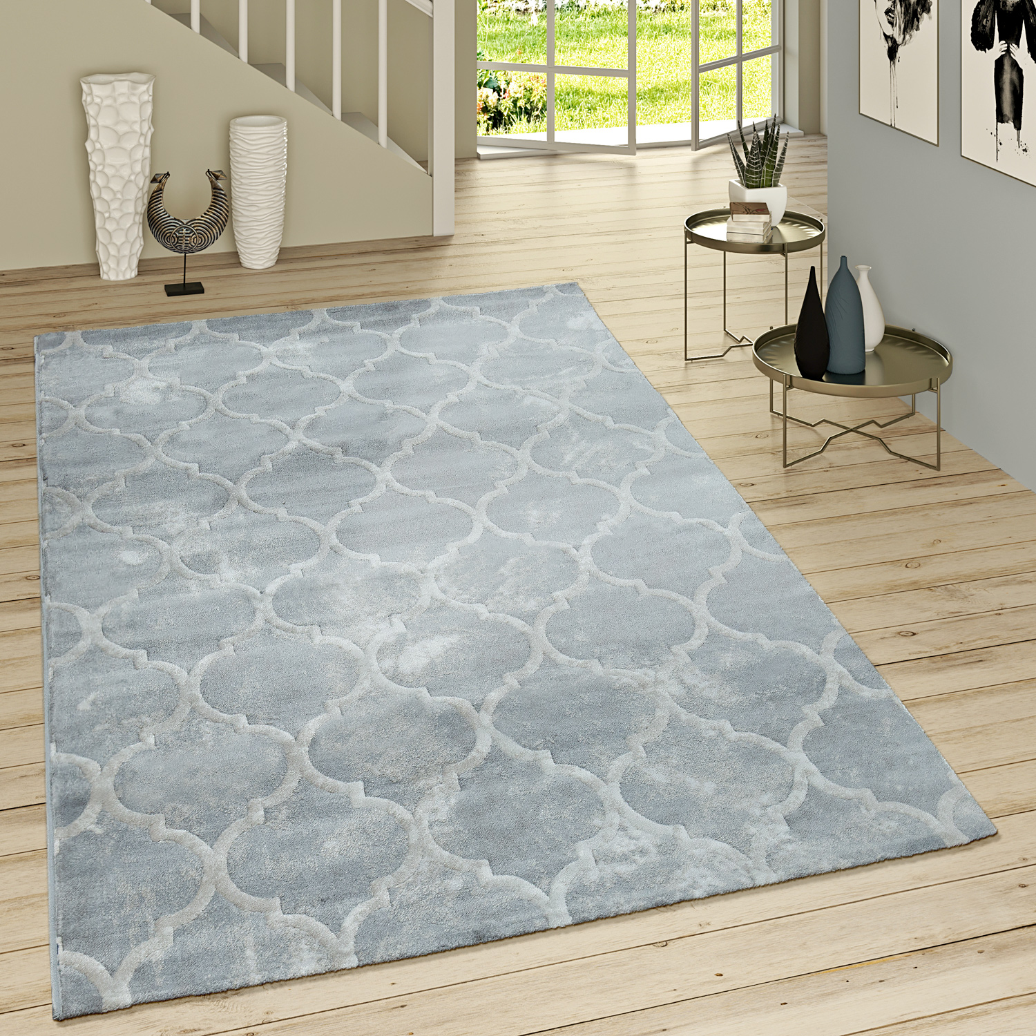 Kurzflor Teppich Modern Marokkanisches Muster Grau Orientalisch