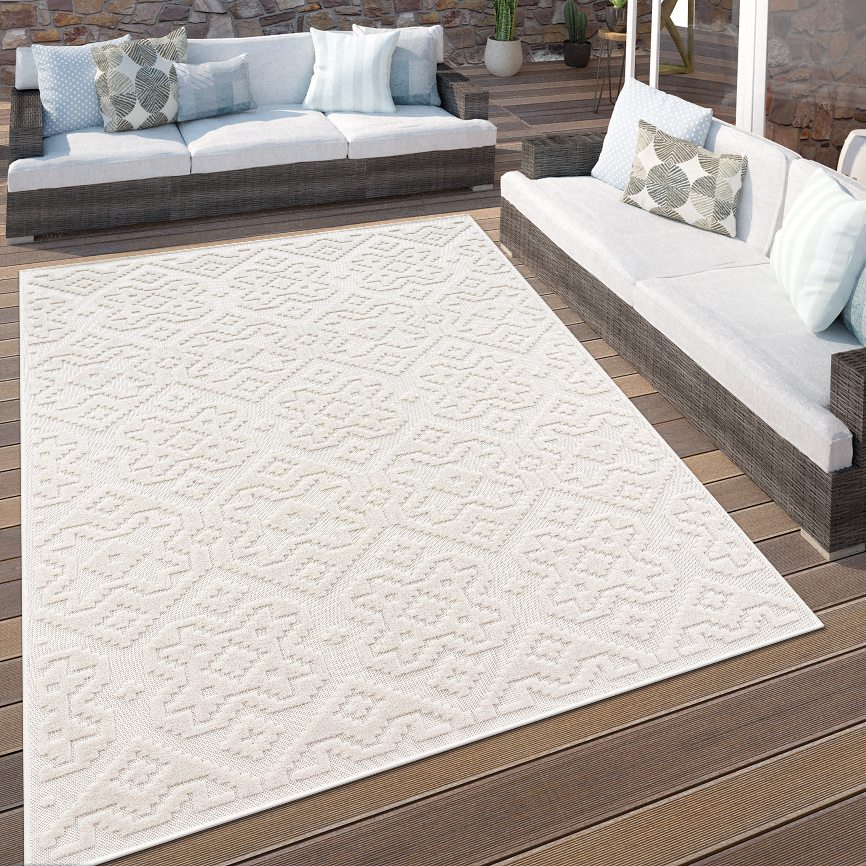 Teppich In- & Outdoor Geometrische Ornamente 3D Beige Modern