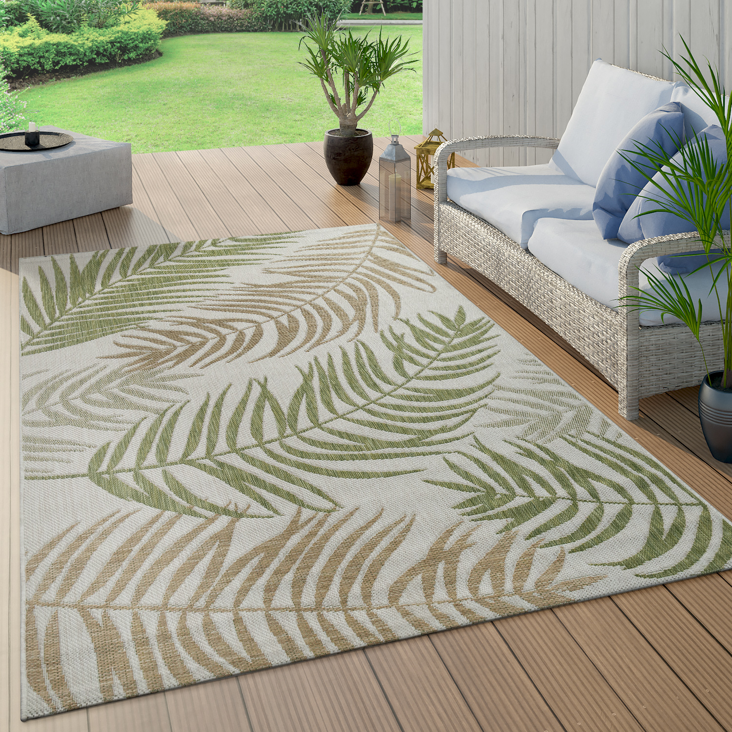 Outdoor Teppich Dschungel Palmen Design Pastell Grün 