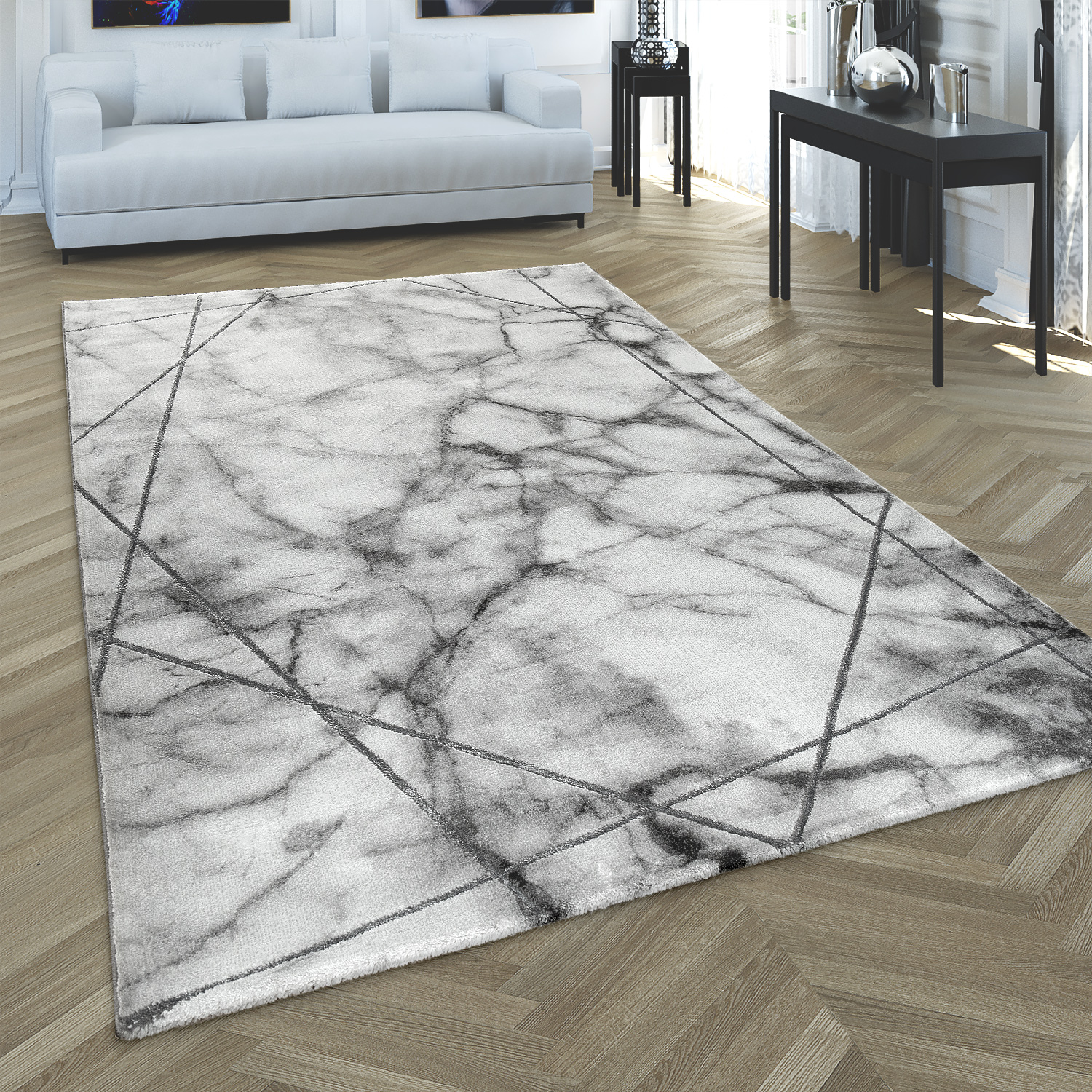 Teppich Wohnzimmer Marmor Muster 3-D Kurzflor Grau 
