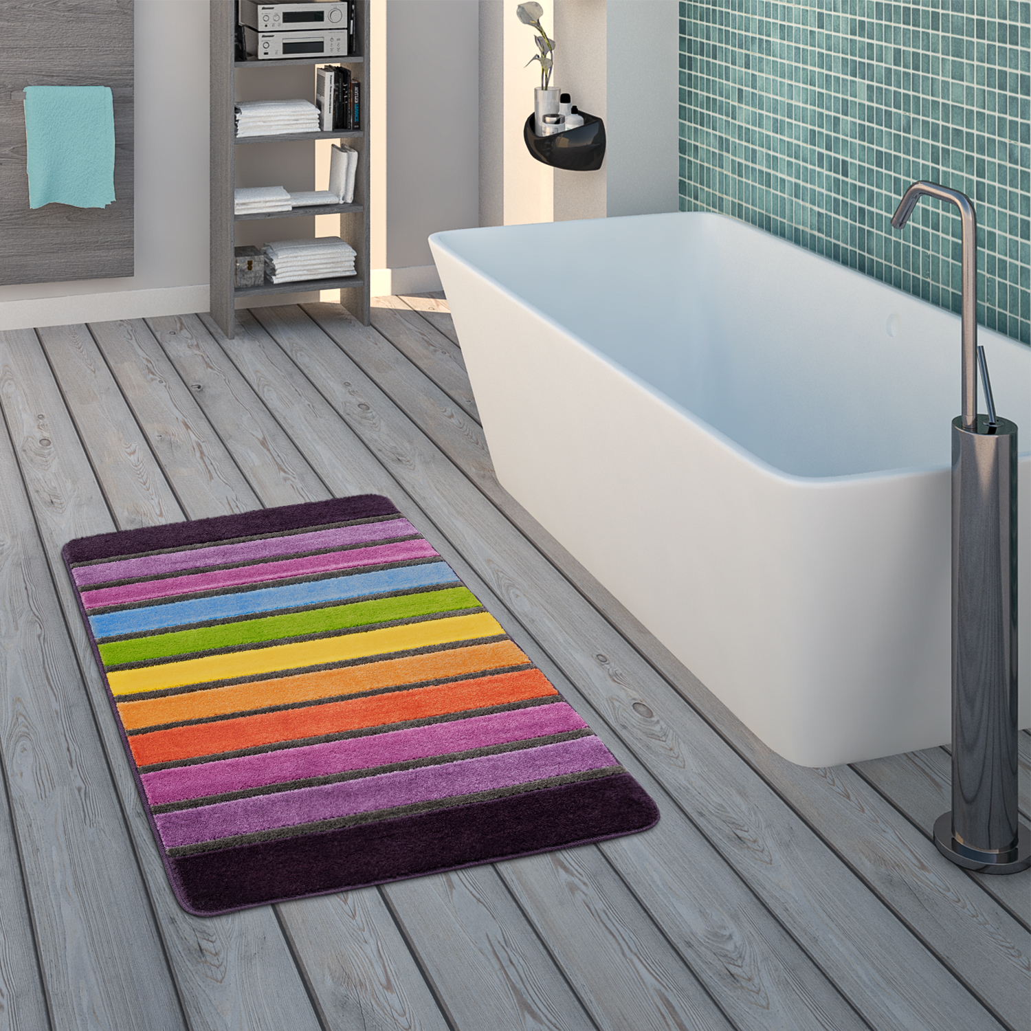 Badematte Kurzflorteppich Badezimmer Streifen Mehrfarbig Modern