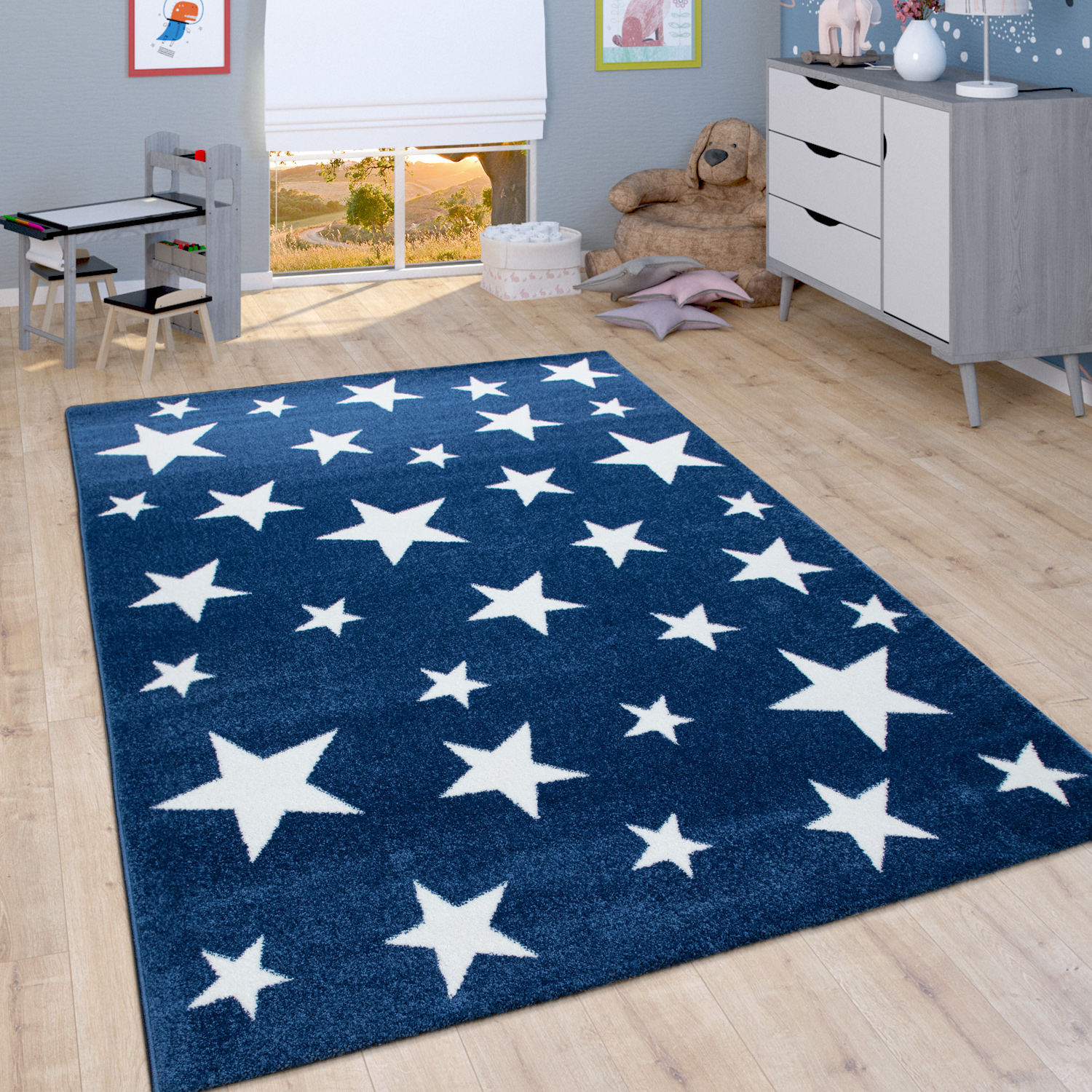 Kinder-Teppich Kinderzimmer Sternen-Design Blau 
