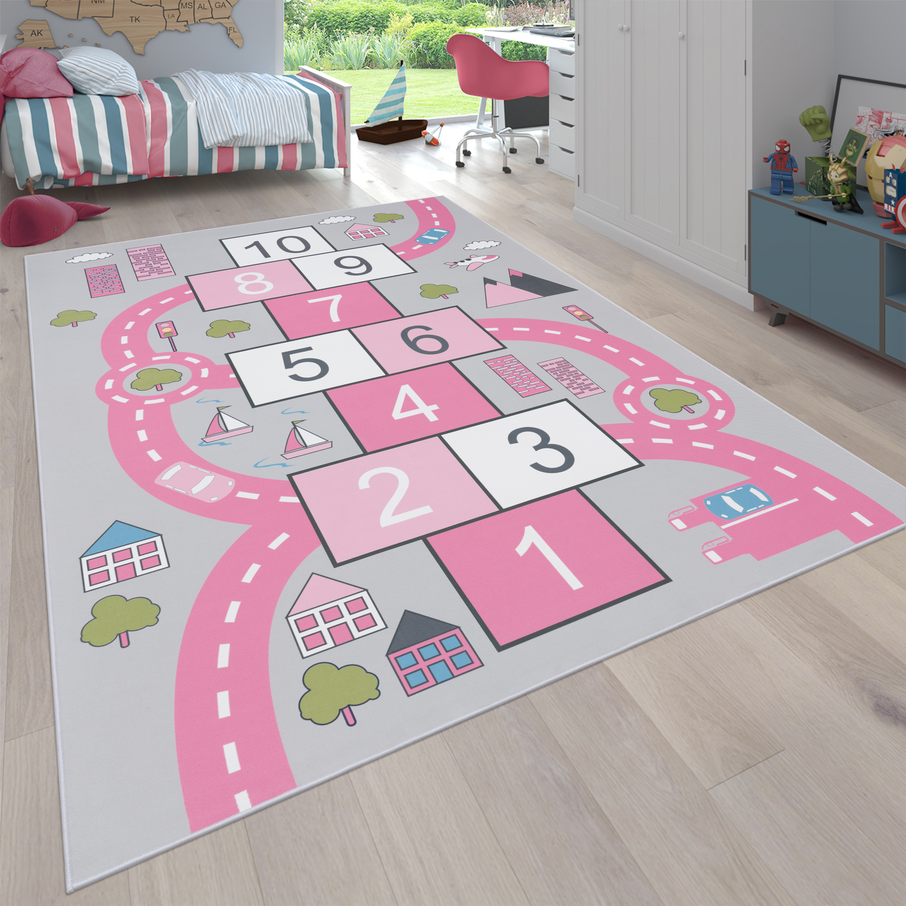 Kinder-Teppich Straßen-Motiv Hüpfkästchen Pink 