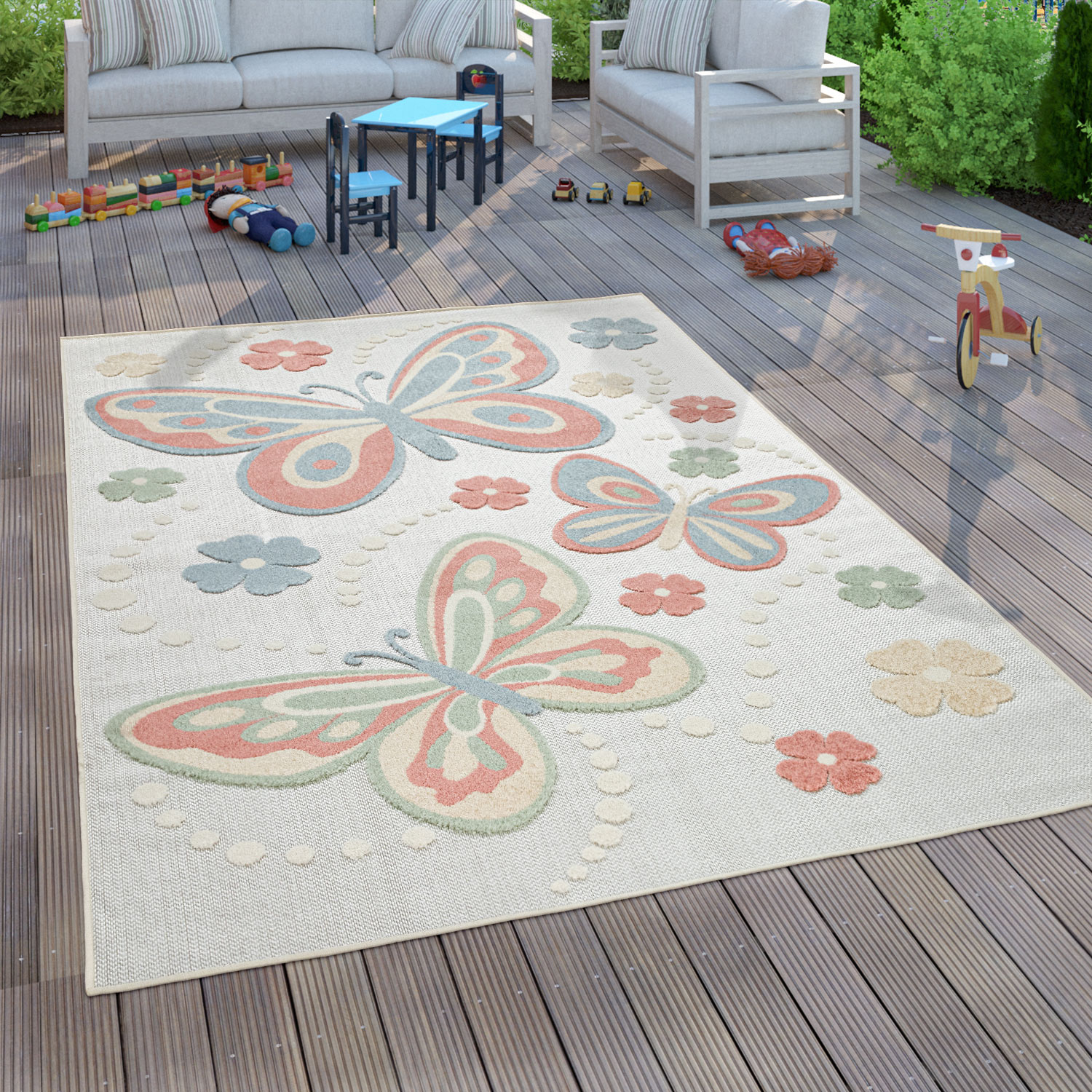 In- & Outdoor Kinderteppich Spielteppich Schmetterling Mehrfarbig 