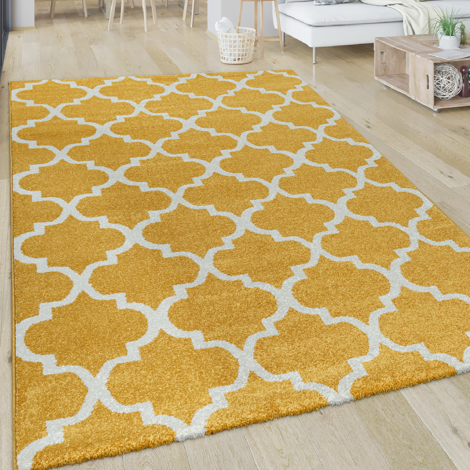 Wohnzimmer-Teppich Kurzflor Im Orient-Design Gelb 