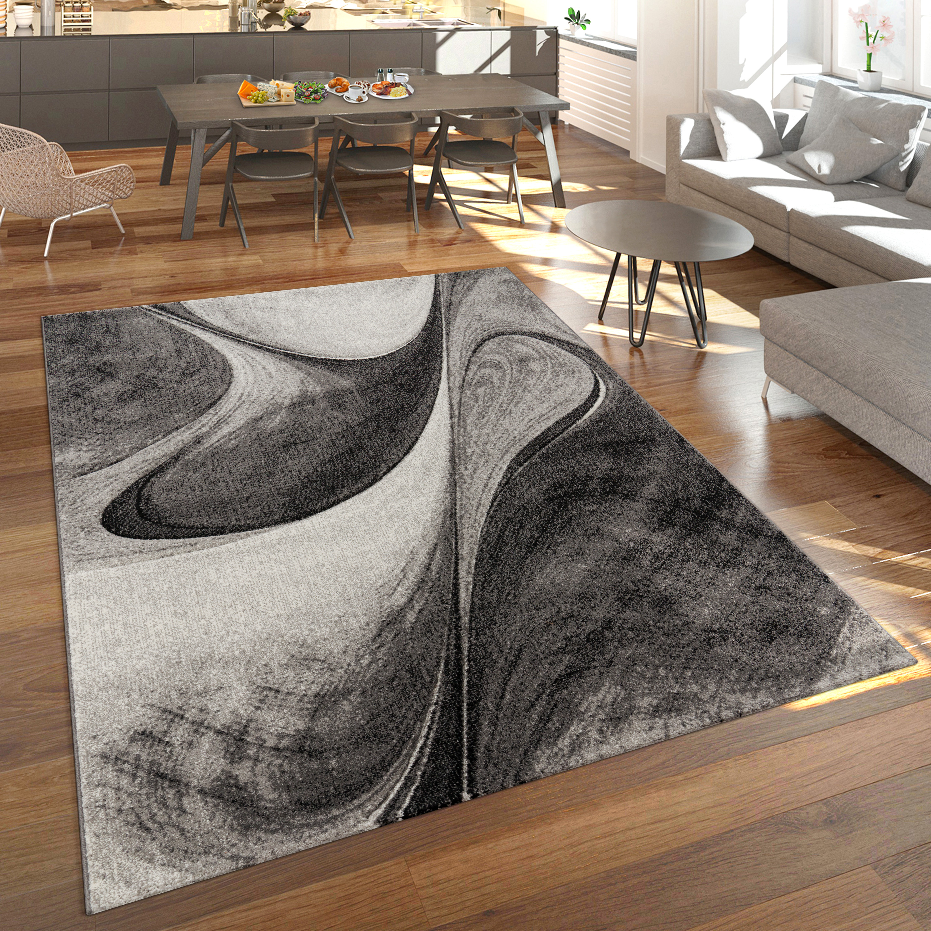 Kurzflor Teppich Wohnzimmer Abstraktes Design Grau Modern