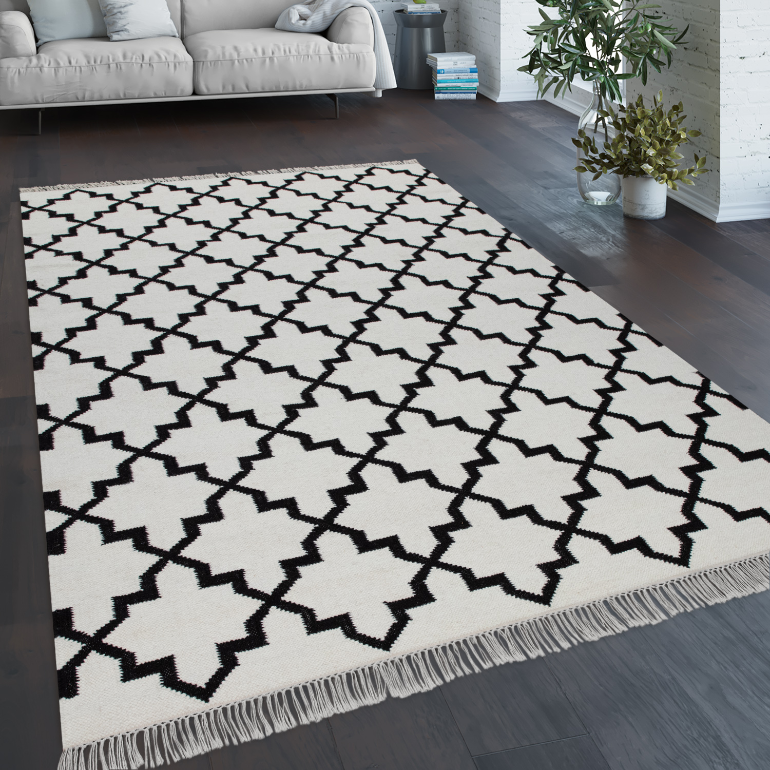 Teppich Wohnzimmer Geometr. Orient Muster Handgewebt Weiß 