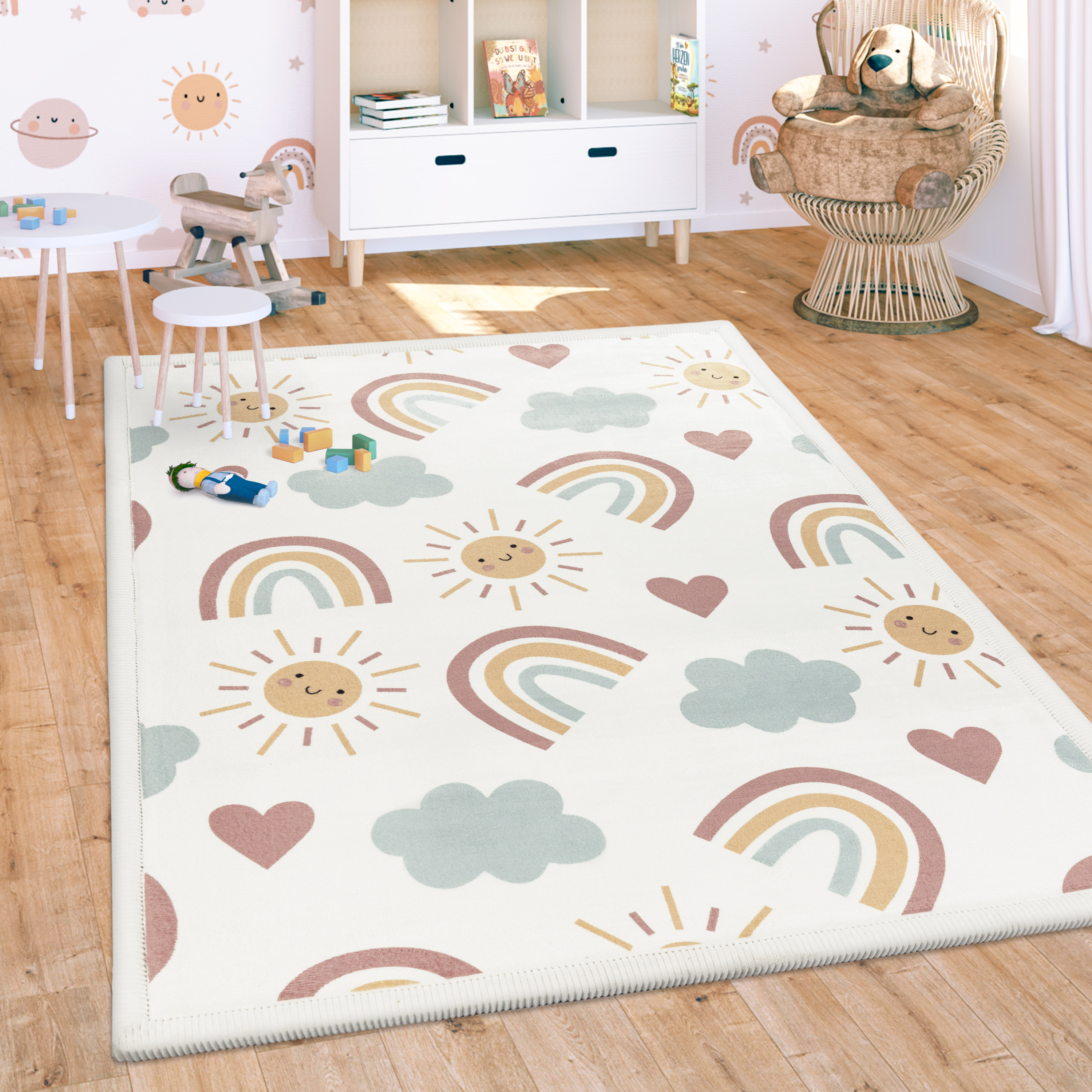 Teppich Kinderzimmer Waschbar Rutschfest Sonne Mehrfarbig Mit Motiv