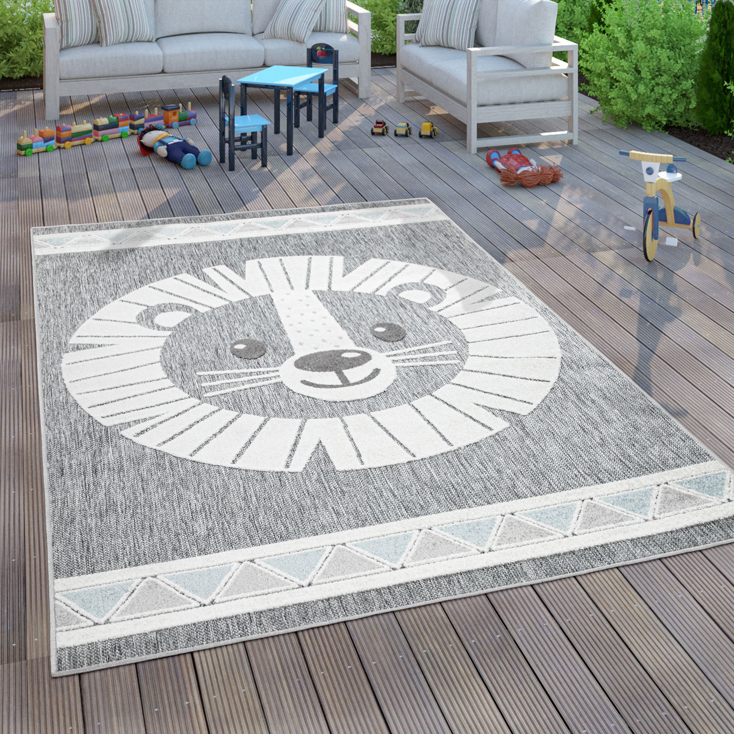In- & Outdoor Kinderteppich Kinderzimmer 3D Effekt Löwe Grau 