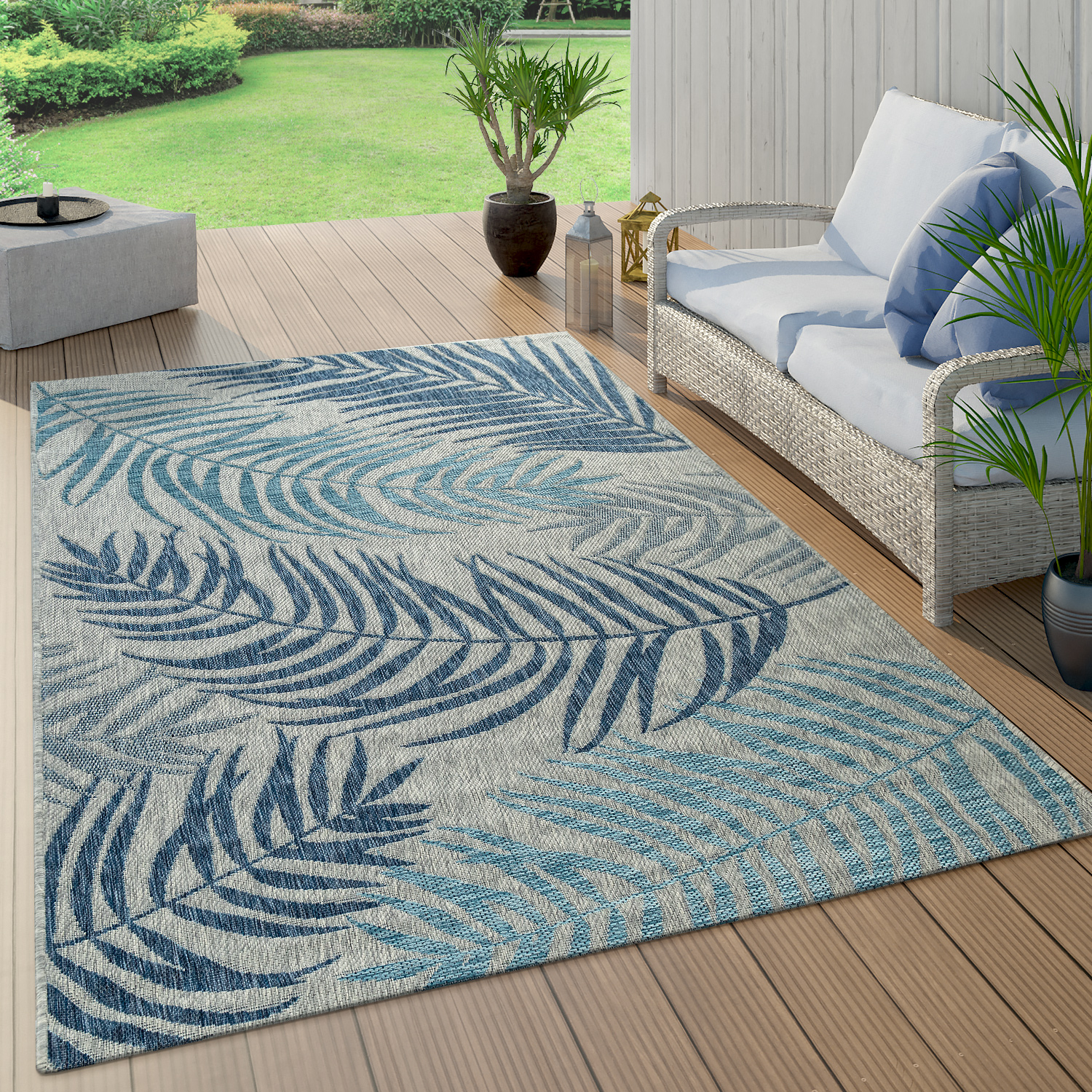 Outdoor Teppich Dschungel Palmen Design Pastell Blau 