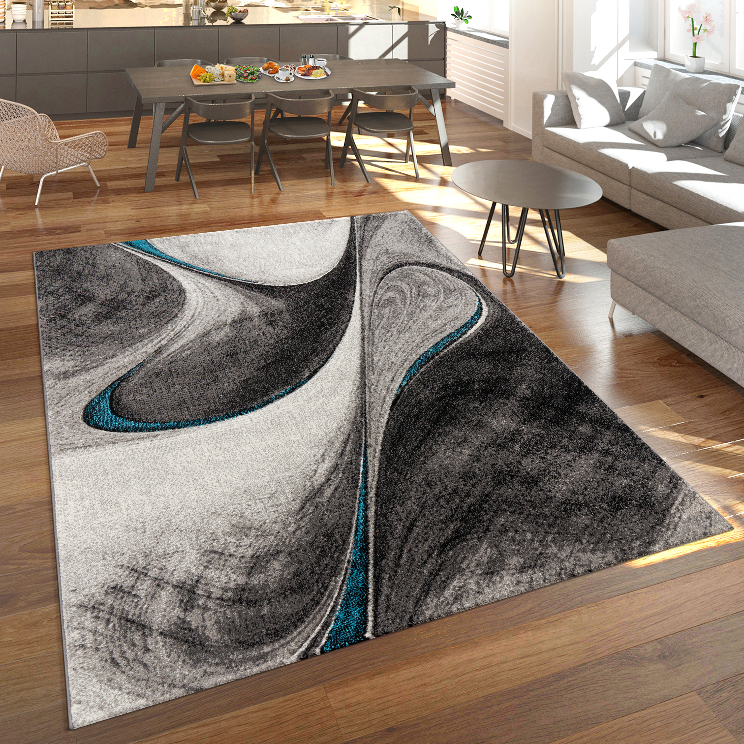 Kurzflor Teppich Wohnzimmer Abstraktes Design Blau Modern