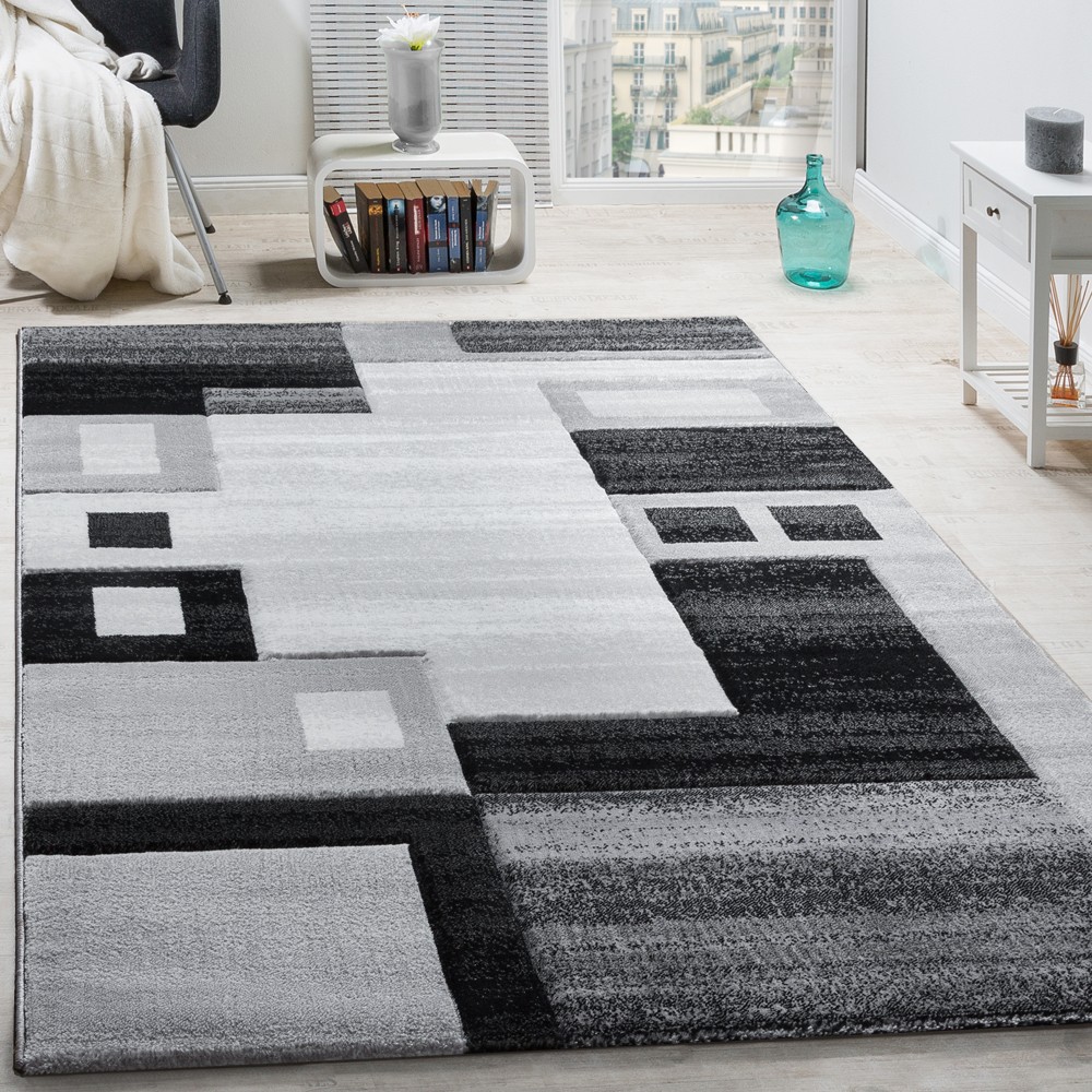 Teppich 3-D Design Karo Muster Meliert Kurzflor Grau Modern