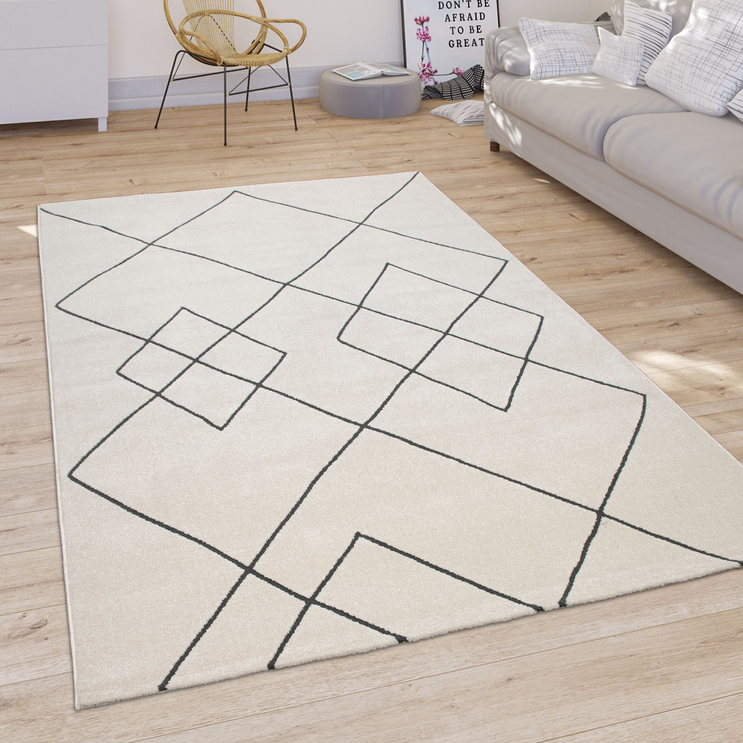 Teppich Wohnzimmer Geometrisches Rauten Muster Weiß 