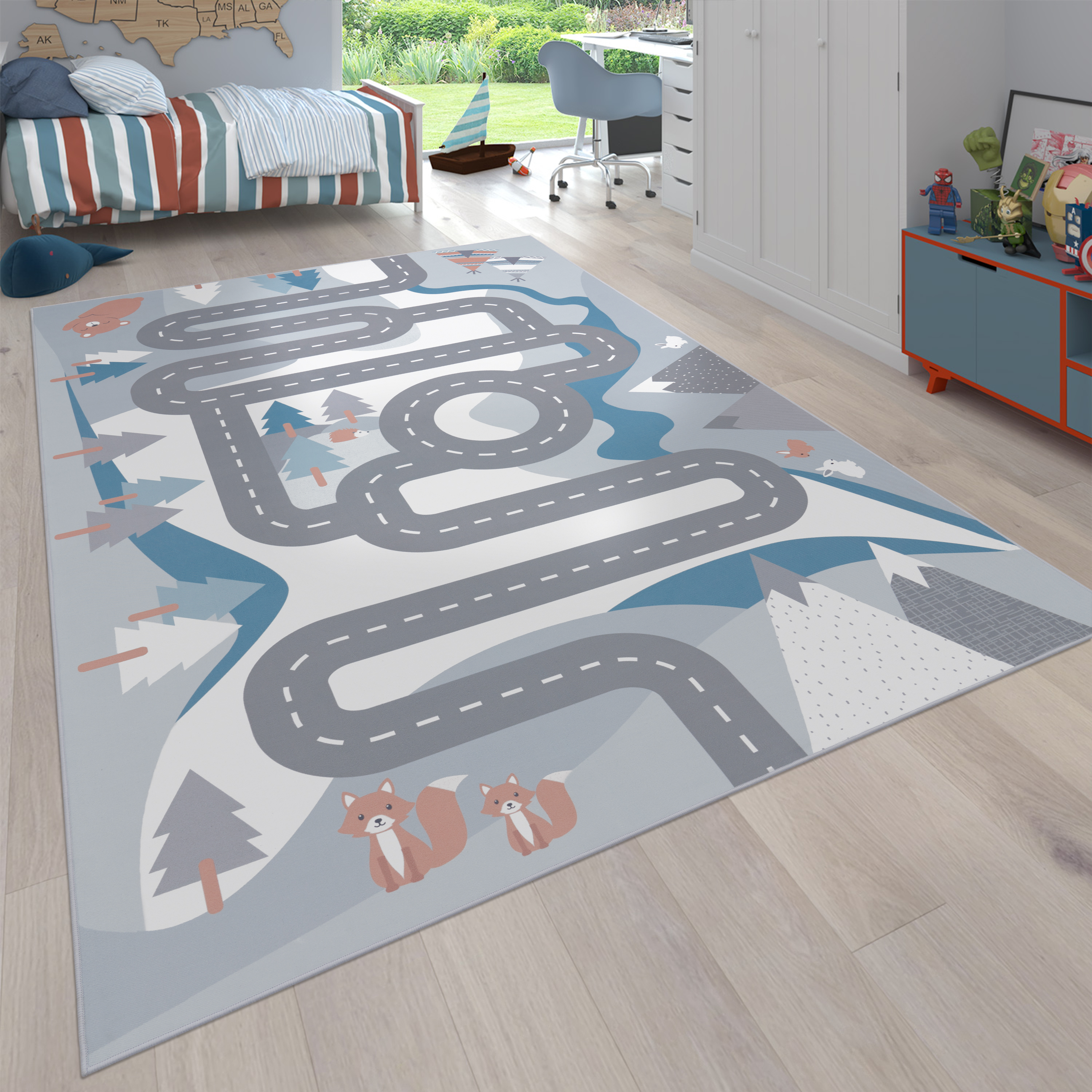 Kinder-Teppich Kinderzimmer Straßen-Motiv Beige 