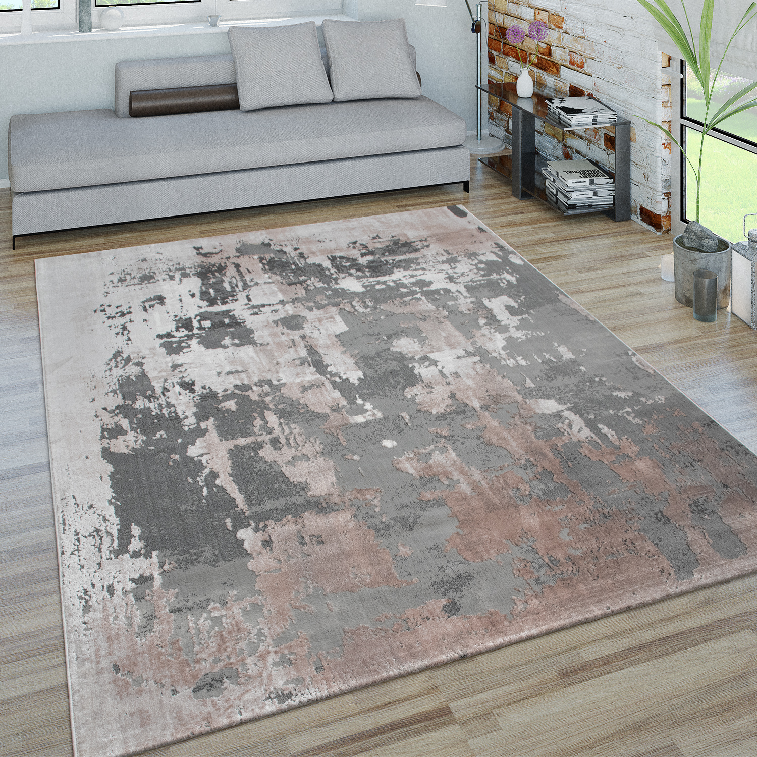 Teppich 3-D-Look Beton-Optik Wohnzimmer Grau 