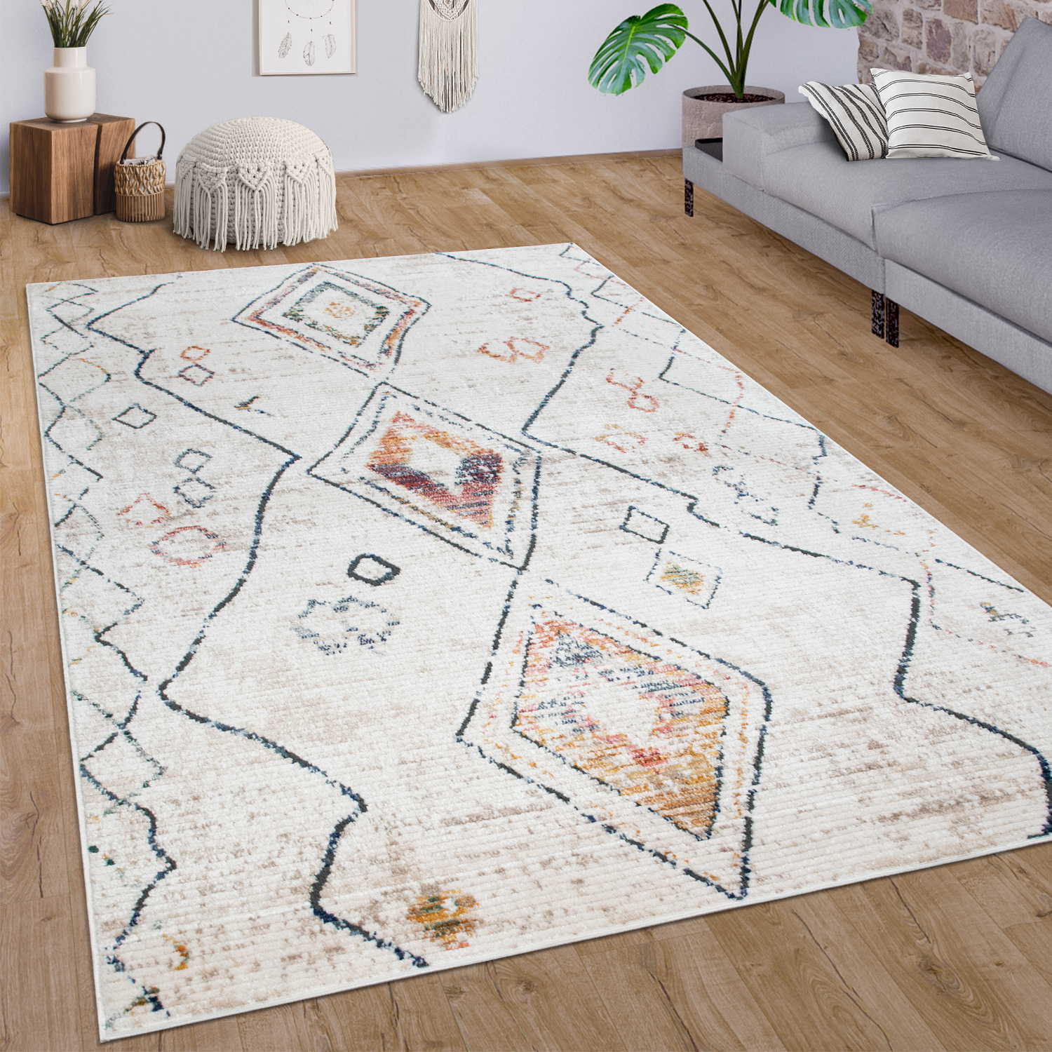 Teppich Wohnzimmer Vintage Ethno Muster Rauten Beige 