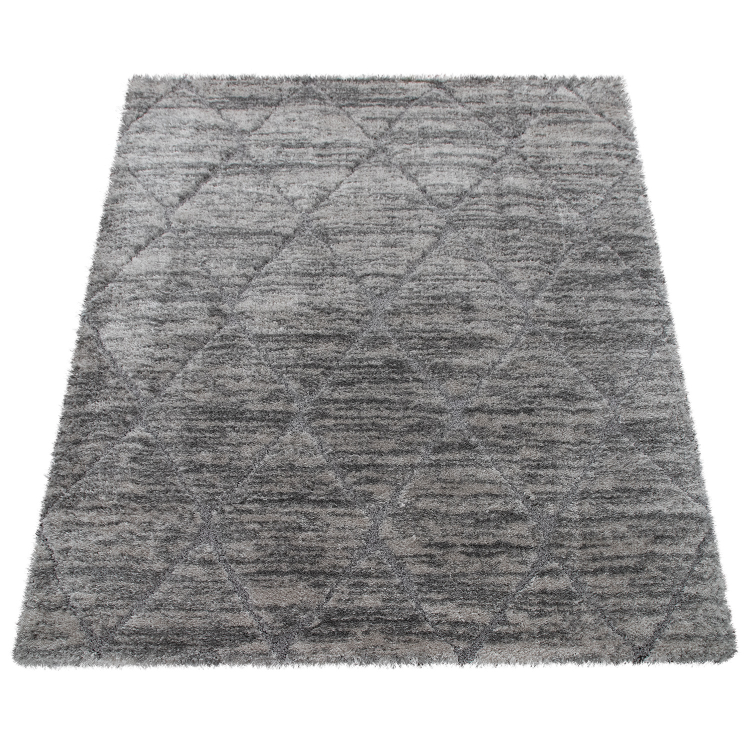Hochflor-Teppich Rauten-Muster Meliert Grau 