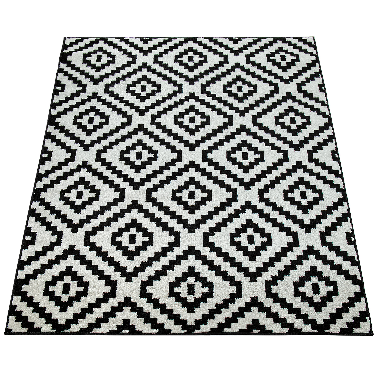 Teppich Wohnzimmer Ethno-Look 3-D Design Rauten Schwarz-Weiß 