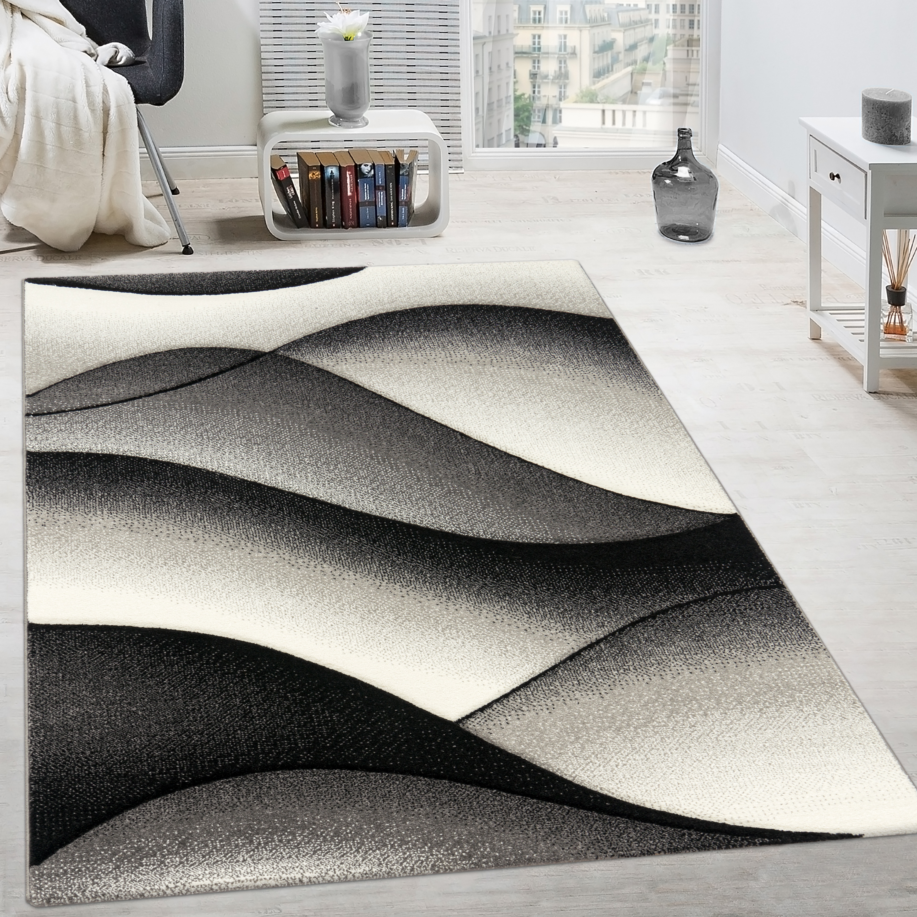 Wohnzimmer Teppich Modern 3-D Wellen Optik Grau 