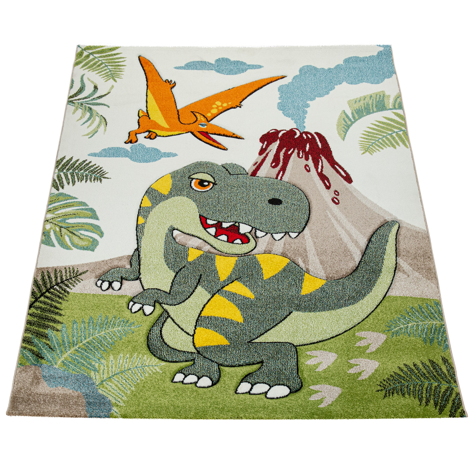 Kinderzimmer Teppich Dinosaurier Dschungel Vulkan Grün 