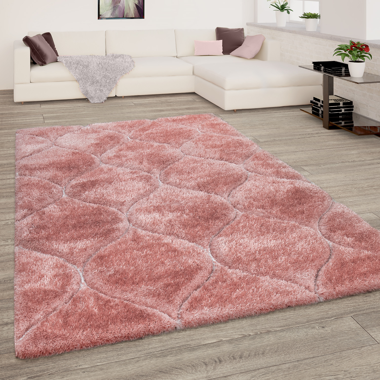 Shaggy Teppich Wohnzimmer Hochflor 3-D Wellen Look Pink 