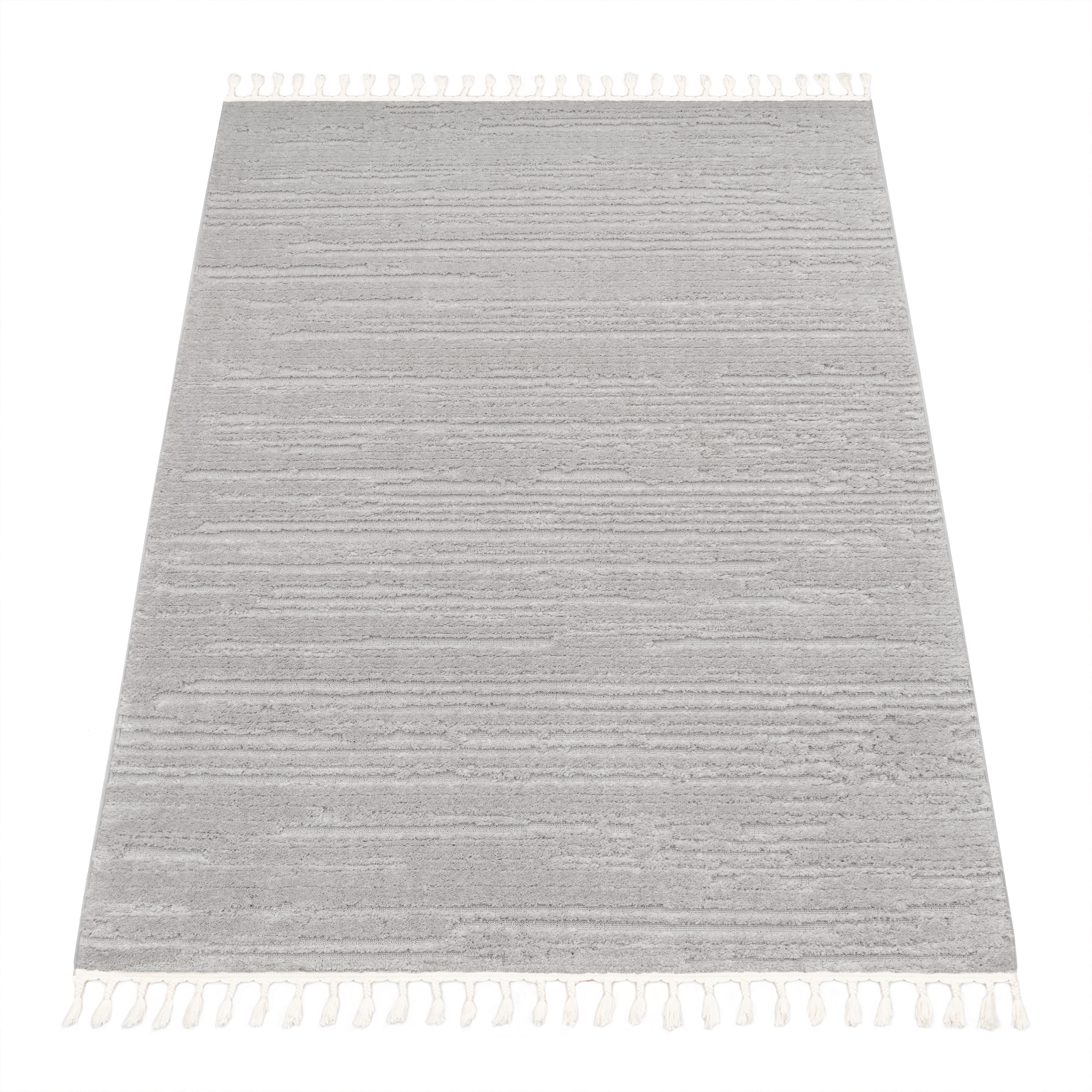 Teppich Esszimmer Einfarbiges Boho Muster Fransen Grau Uni