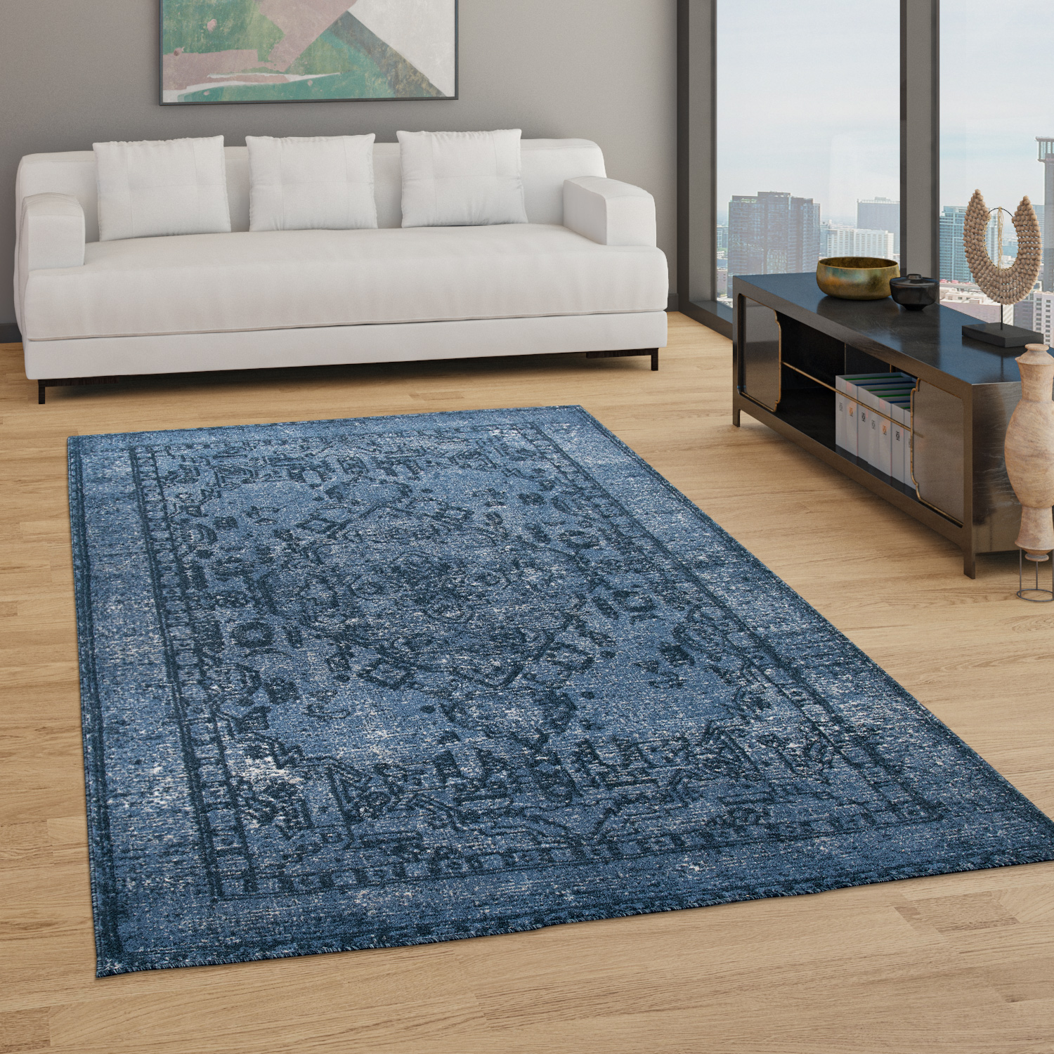 Teppich Wohnzimmer Boho Orientalisches Muster Blau 