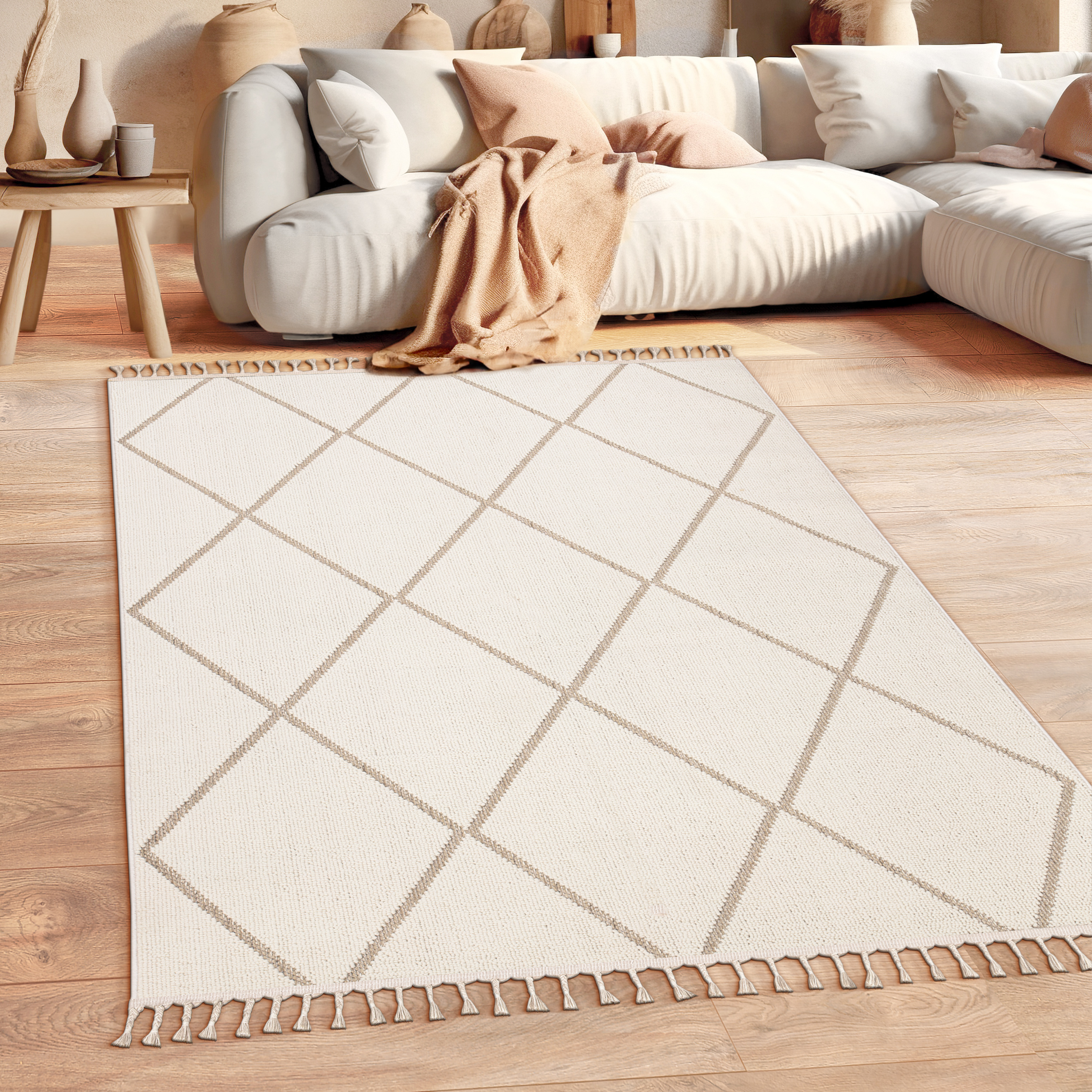 Teppich Schlafzimmer Skandi Style Fransen Beige Skandinavisch