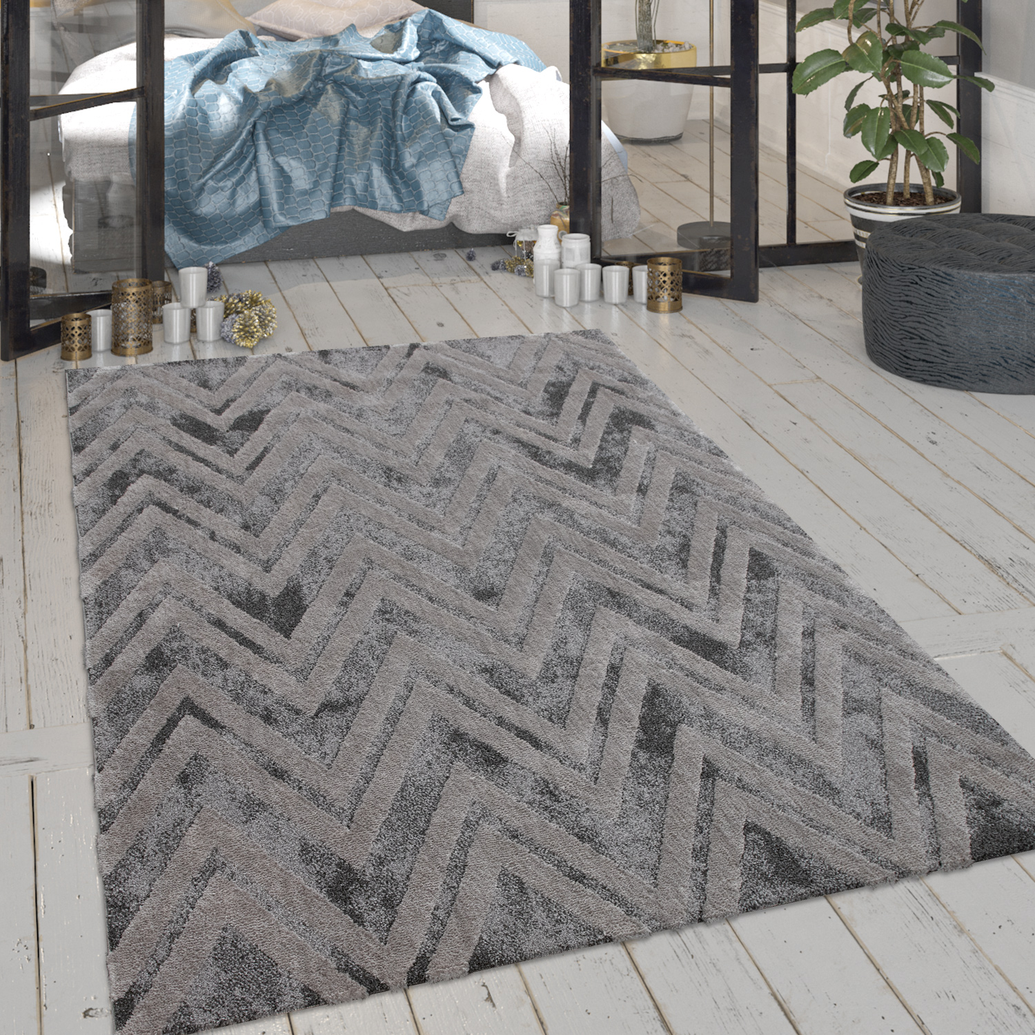 Wohnzimmer-Teppich Glanz-Look Zickzack-Design Grau 
