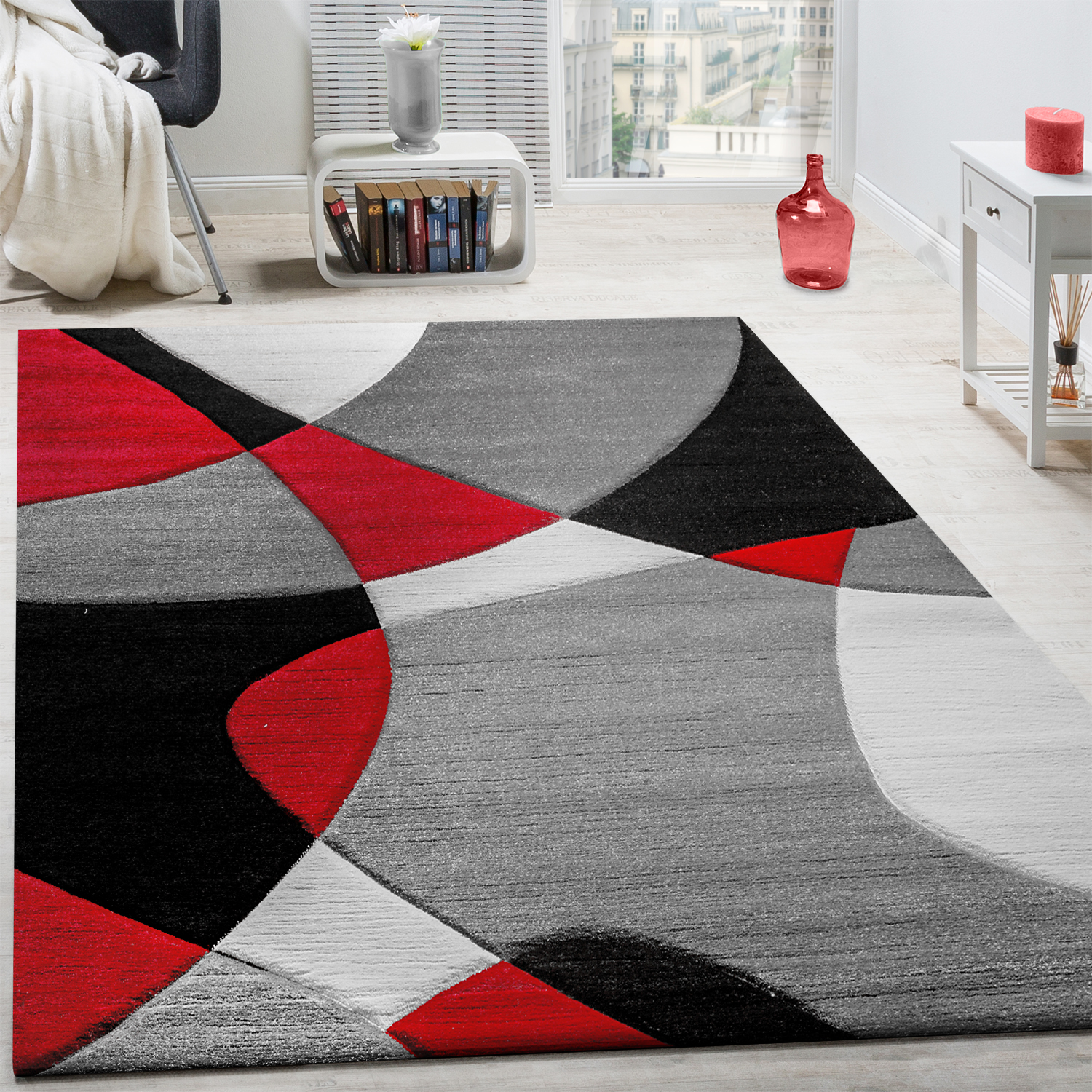 Wohnzimmer Teppich Modern Geometrische Muster Rot 