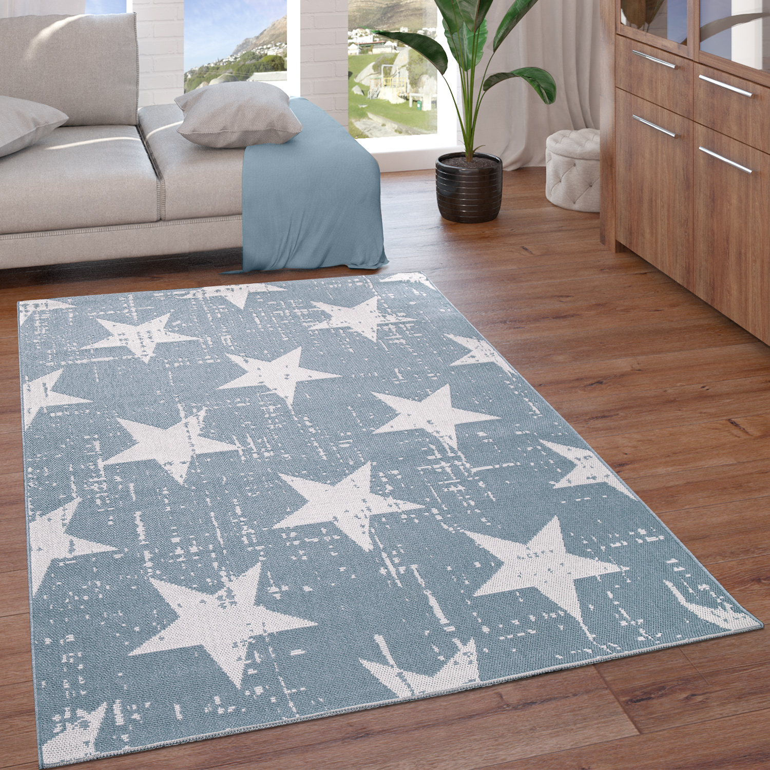 Teppich Für In-& Outdoor Modernes Sternen Design Blau Mit Motiv