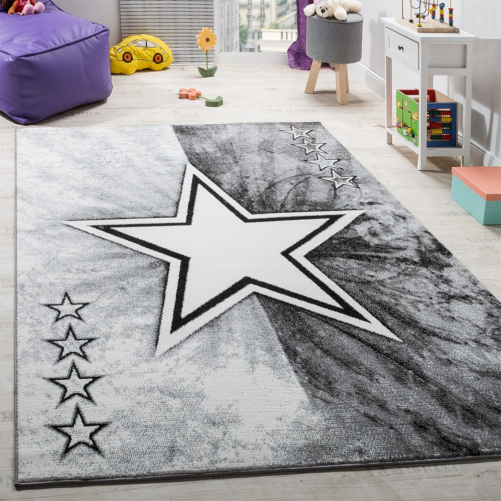 Teppich Kinderzimmer Stern Design Spielteppich Grau 