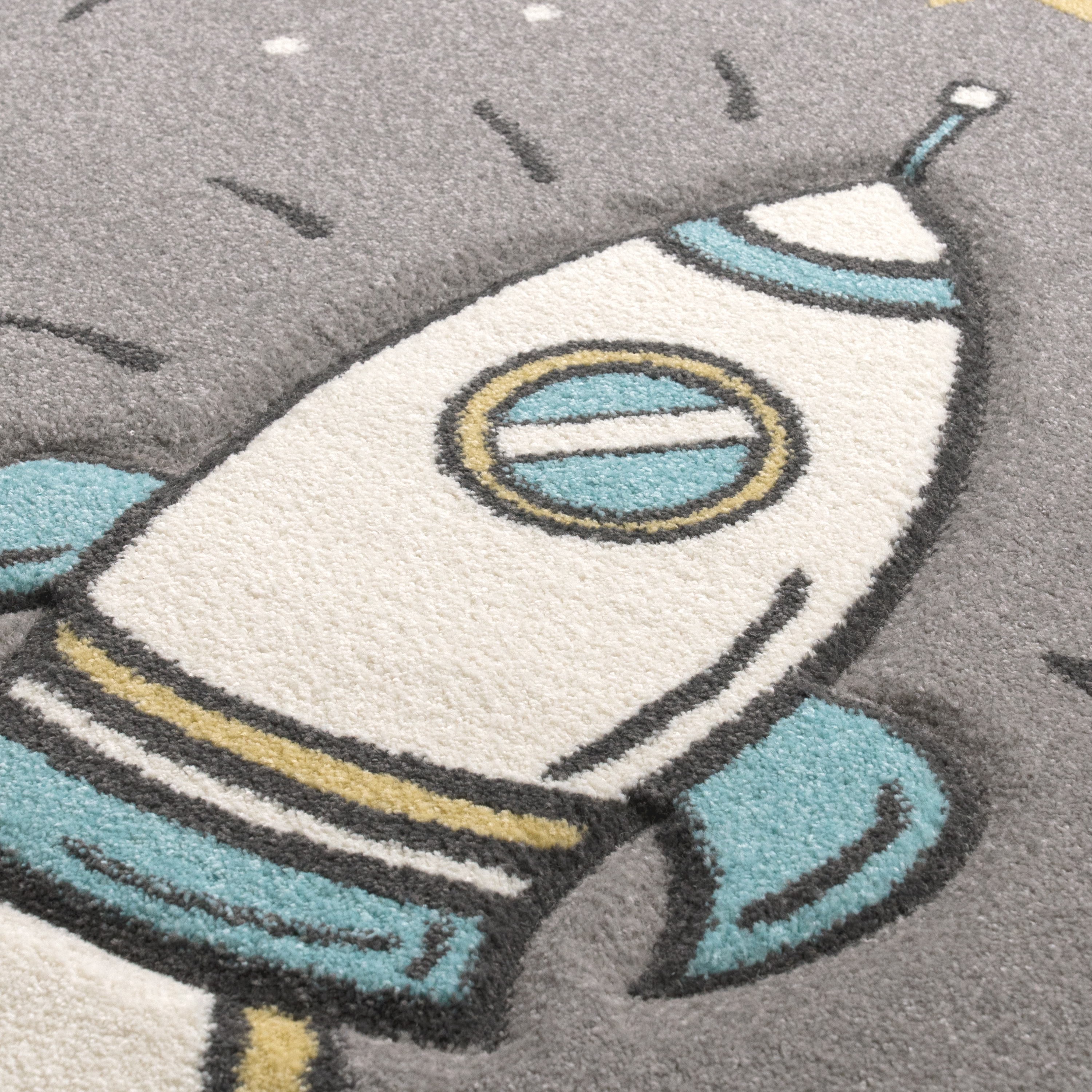 Kinderzimmer Teppich Rakete Weltall Astronaut Mond Grau 
