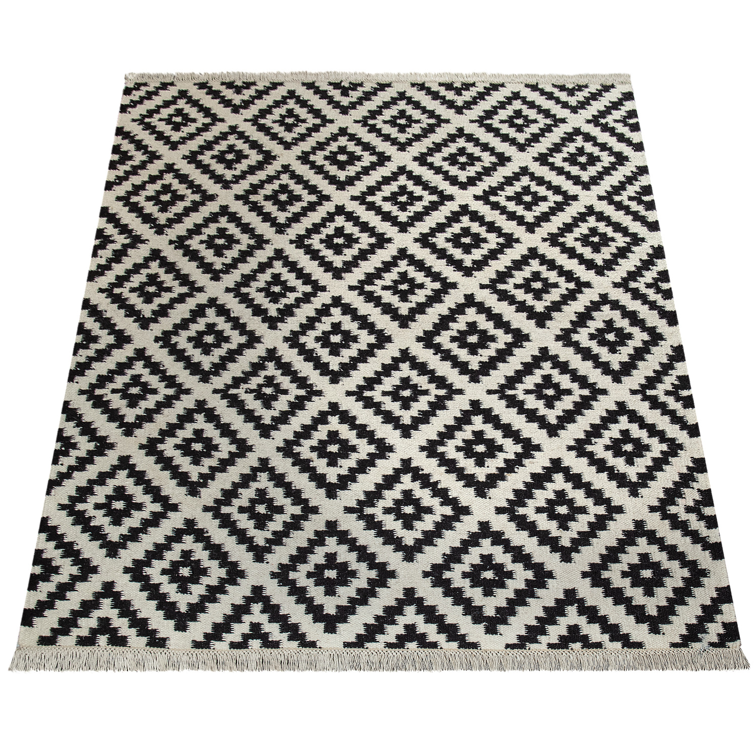 Teppich Orient Muster Handgewebt Skandi Fransen Schwarz-Weiß 